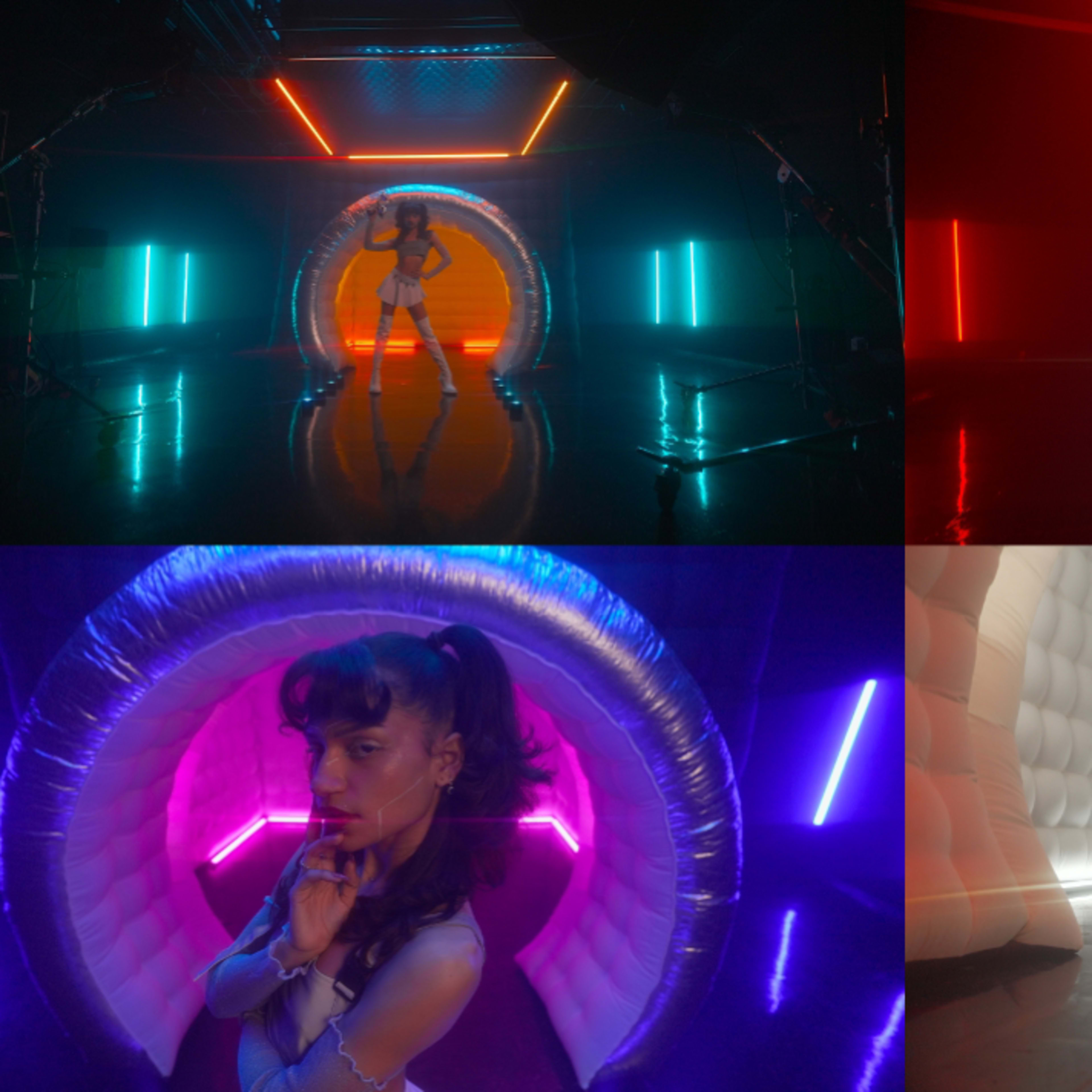 Four scenes featuring a model in a brightly lit tunnel-like structure with various colored neon lights.