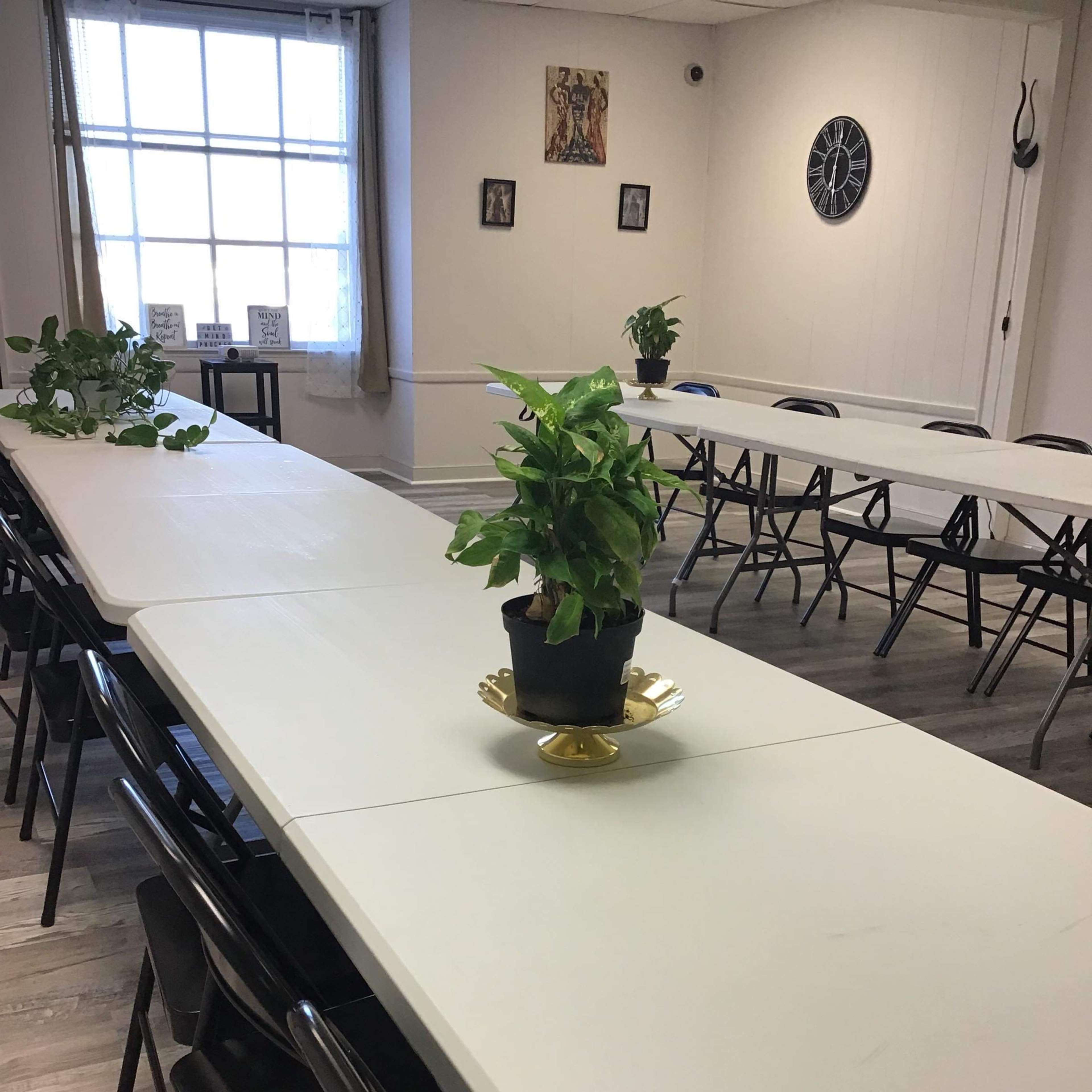 A long, white table is set up in a room with black chairs and potted plants, arranged for a meeting or gathering.
