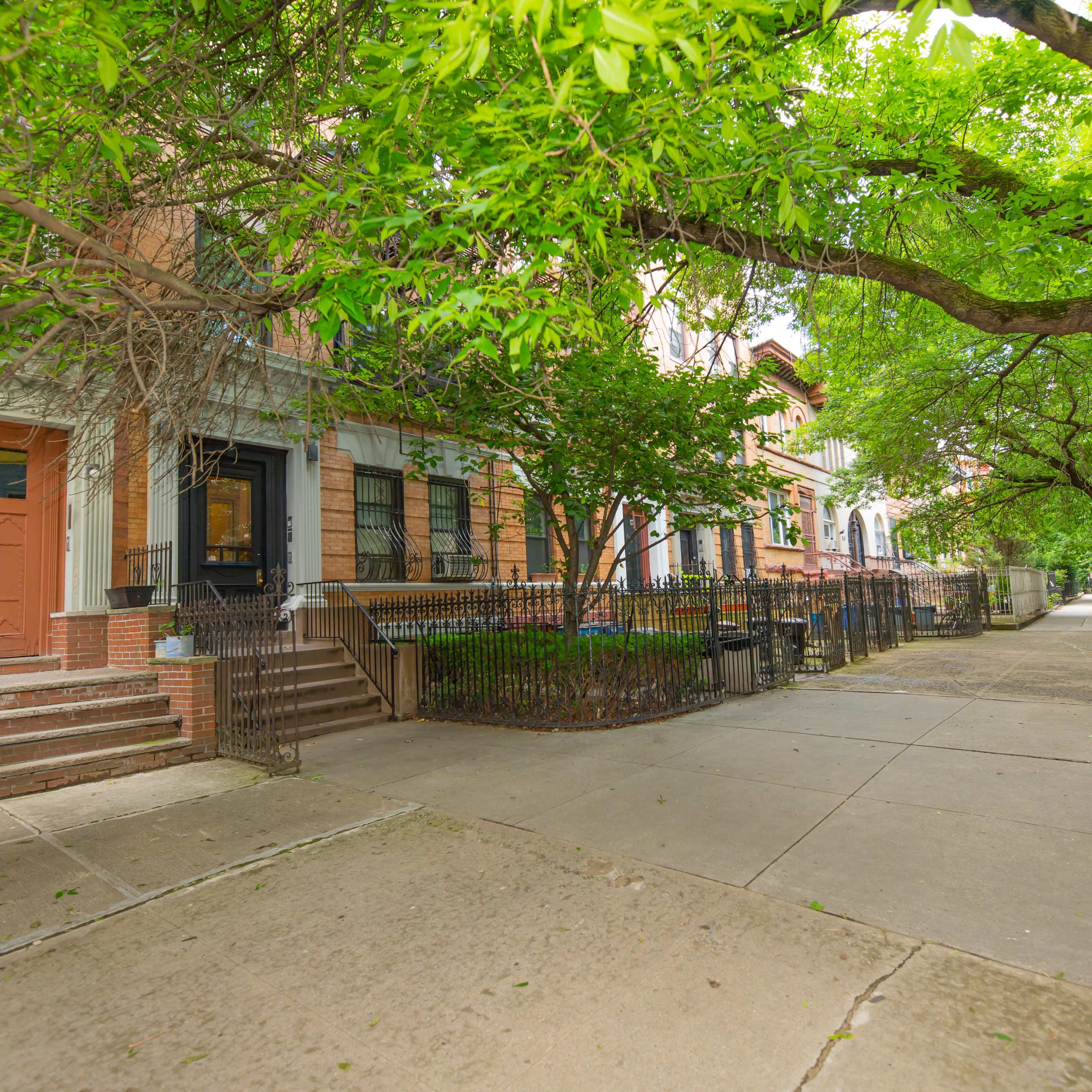 A tree-lined street features brick townhouses with wrought iron fences and a concrete sidewalk.