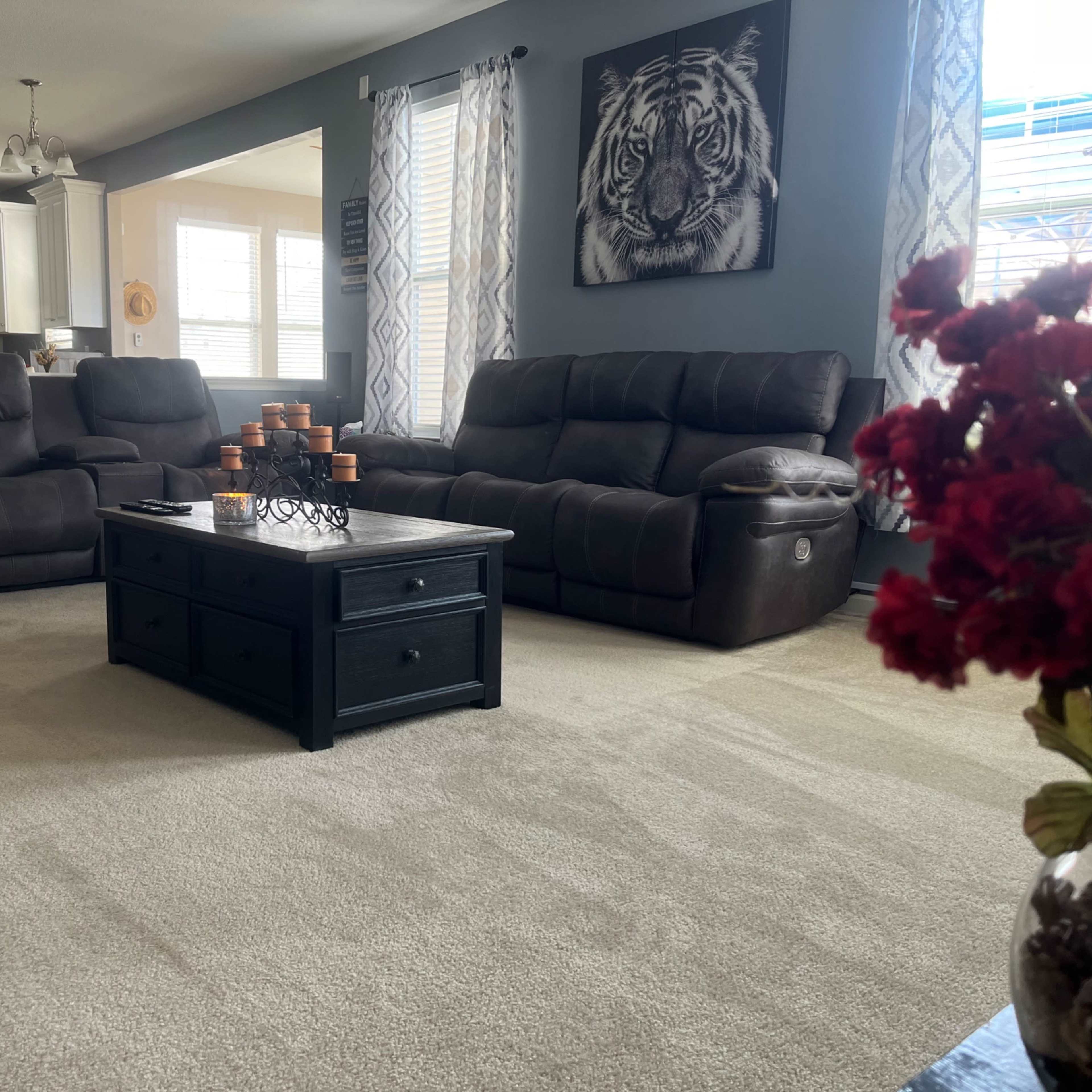 A living room with two dark recliners, a central coffee table, and a wall adorned with a tiger portrait.