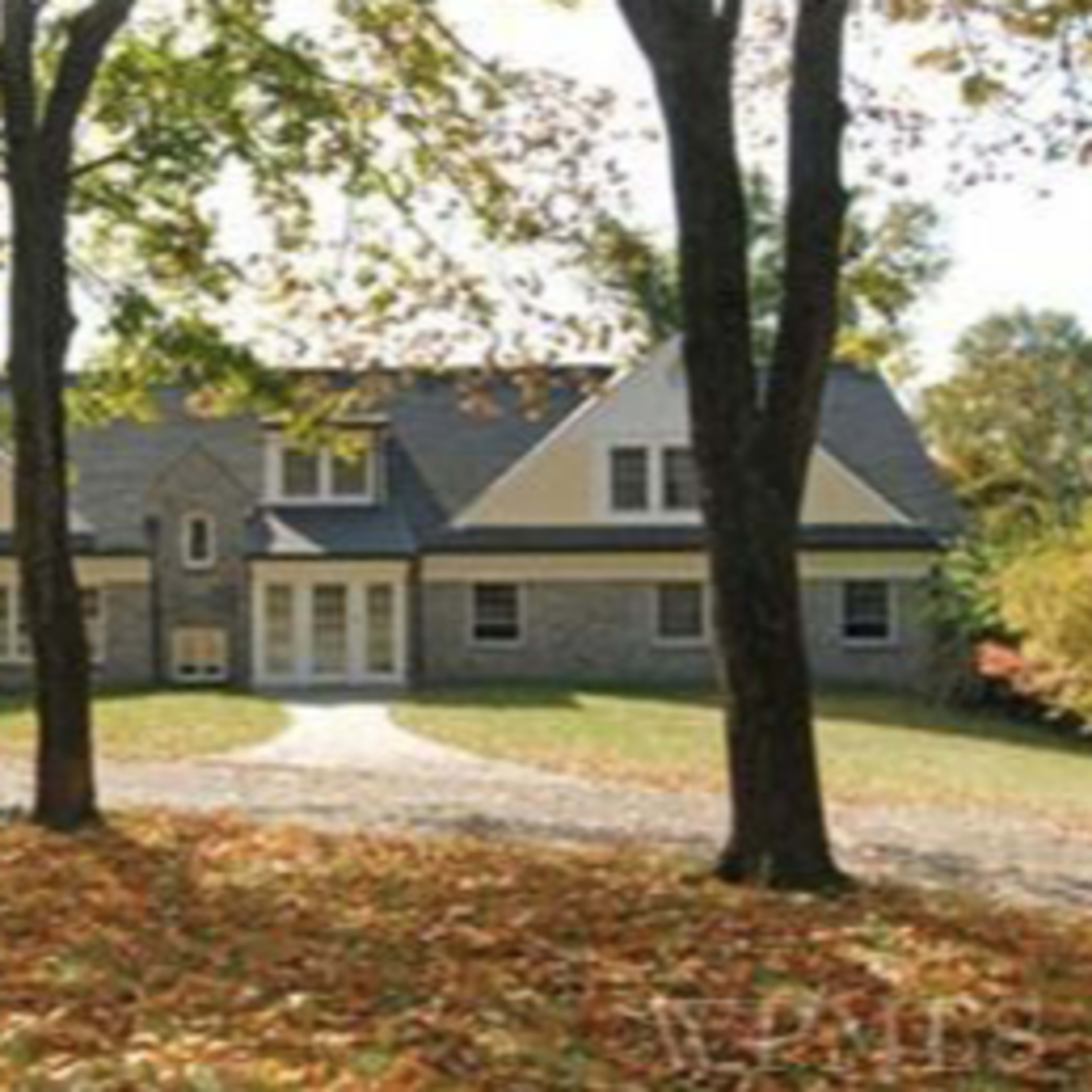 A large stone house with a gray roof sits in a yard covered in fallen leaves, surrounded by trees.