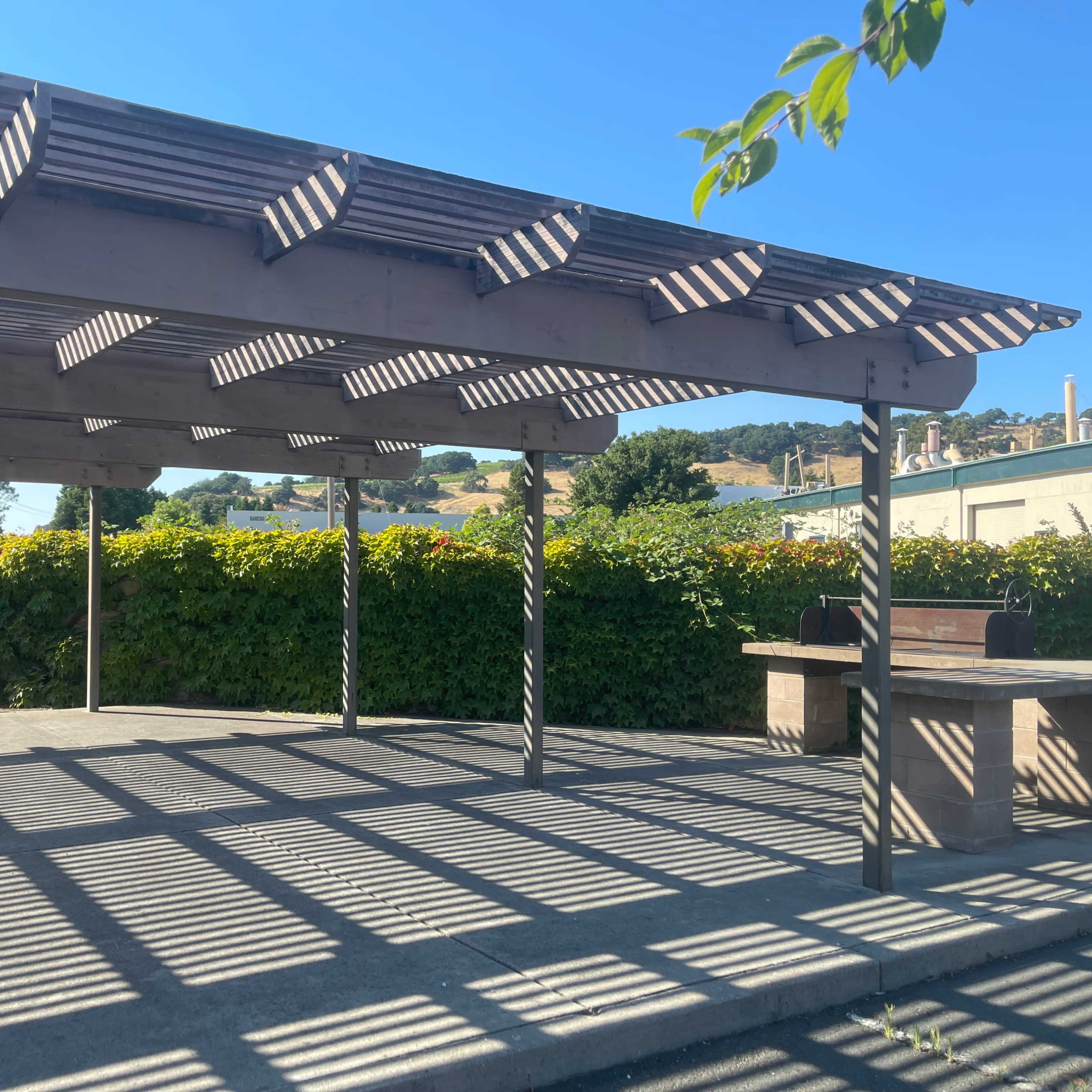 A wooden pergola casts shadows on a concrete patio, with a backdrop of green foliage and a hillside.