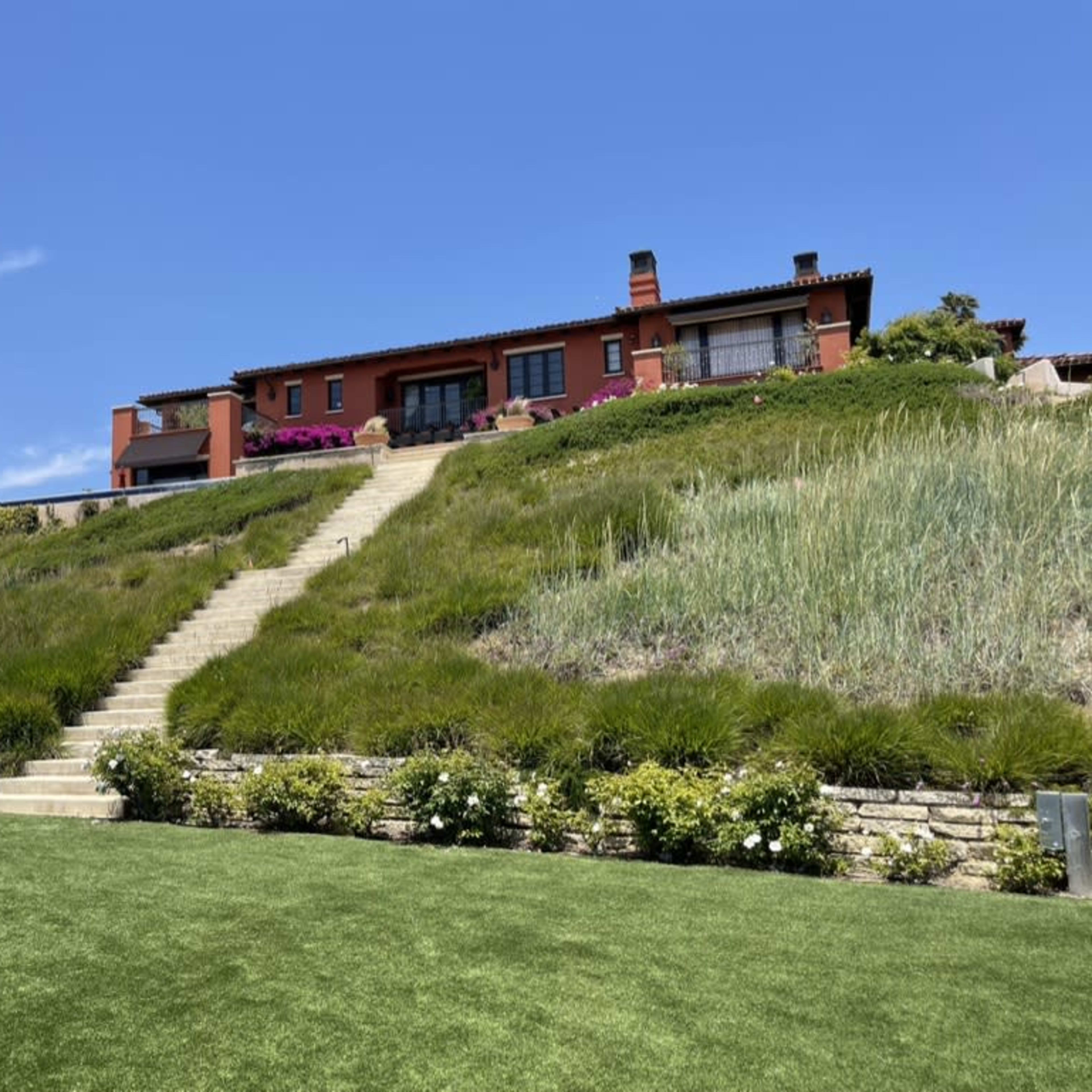 A modern house sits atop a grassy hill, with stone steps leading up to it from a landscaped lawn.