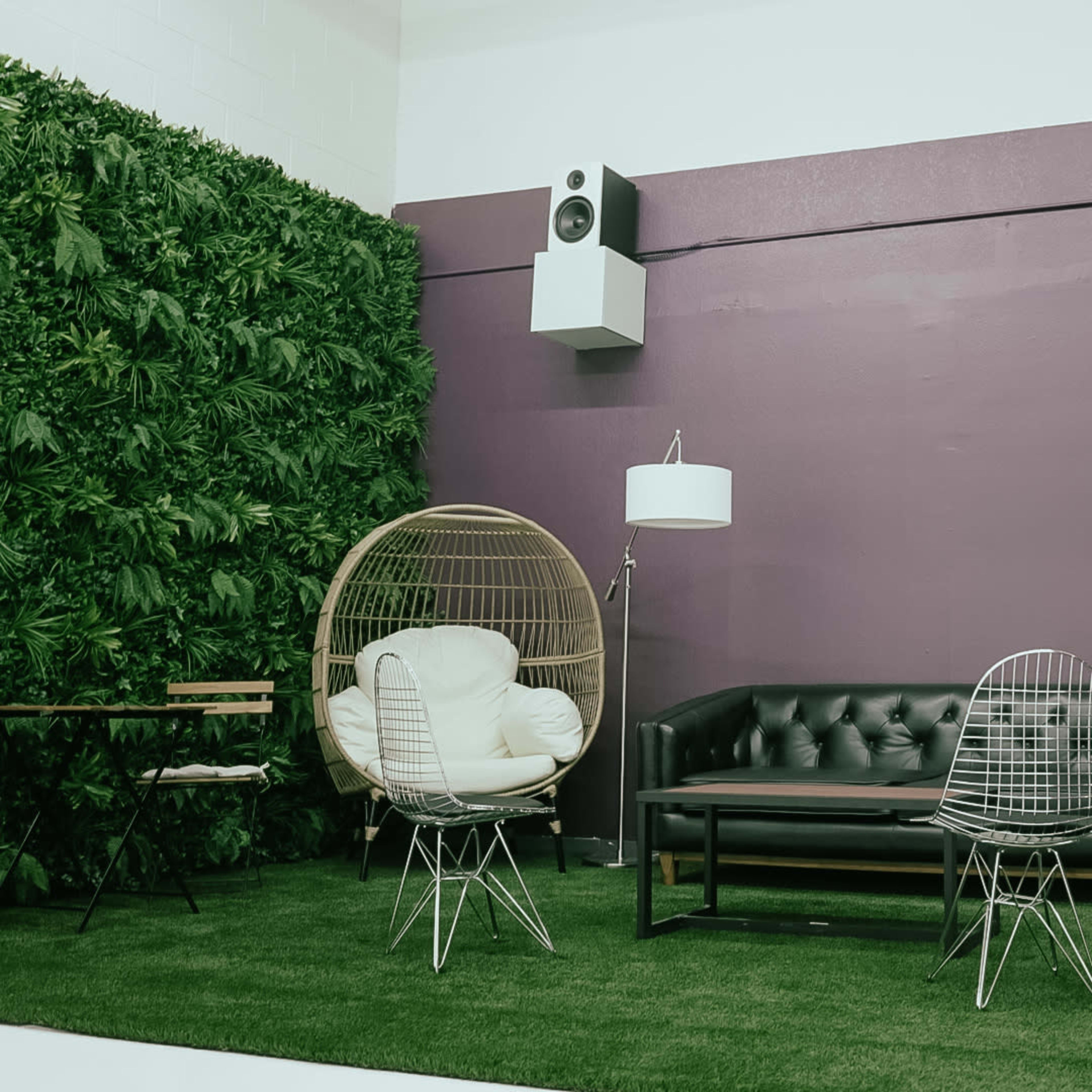 A modern indoor space featuring a green wall, a black leather sofa, and two wire chairs on a grassy carpet.