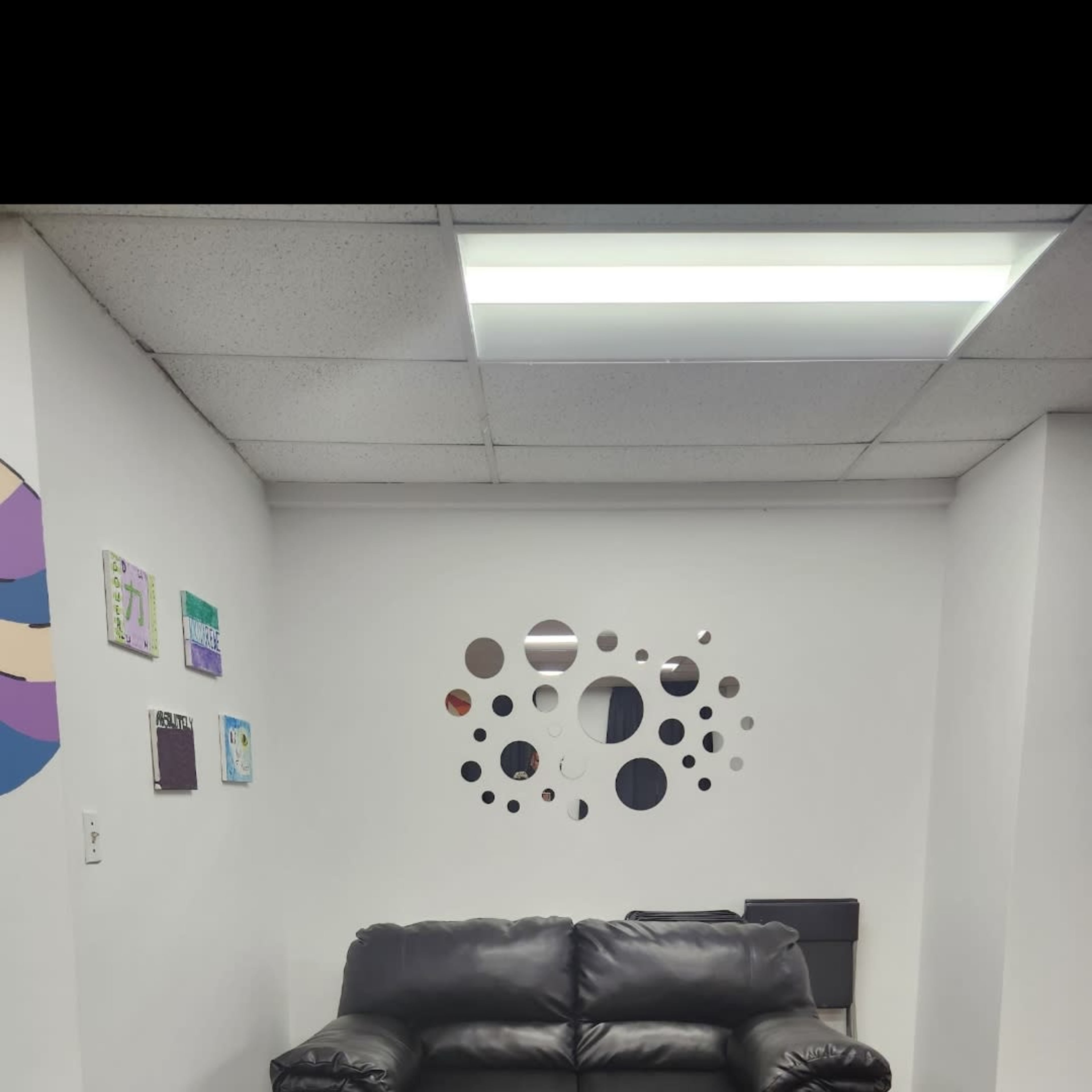 A black leather couch positioned on a black rug in a room with wooden flooring and a wall decorated with circular art pieces.