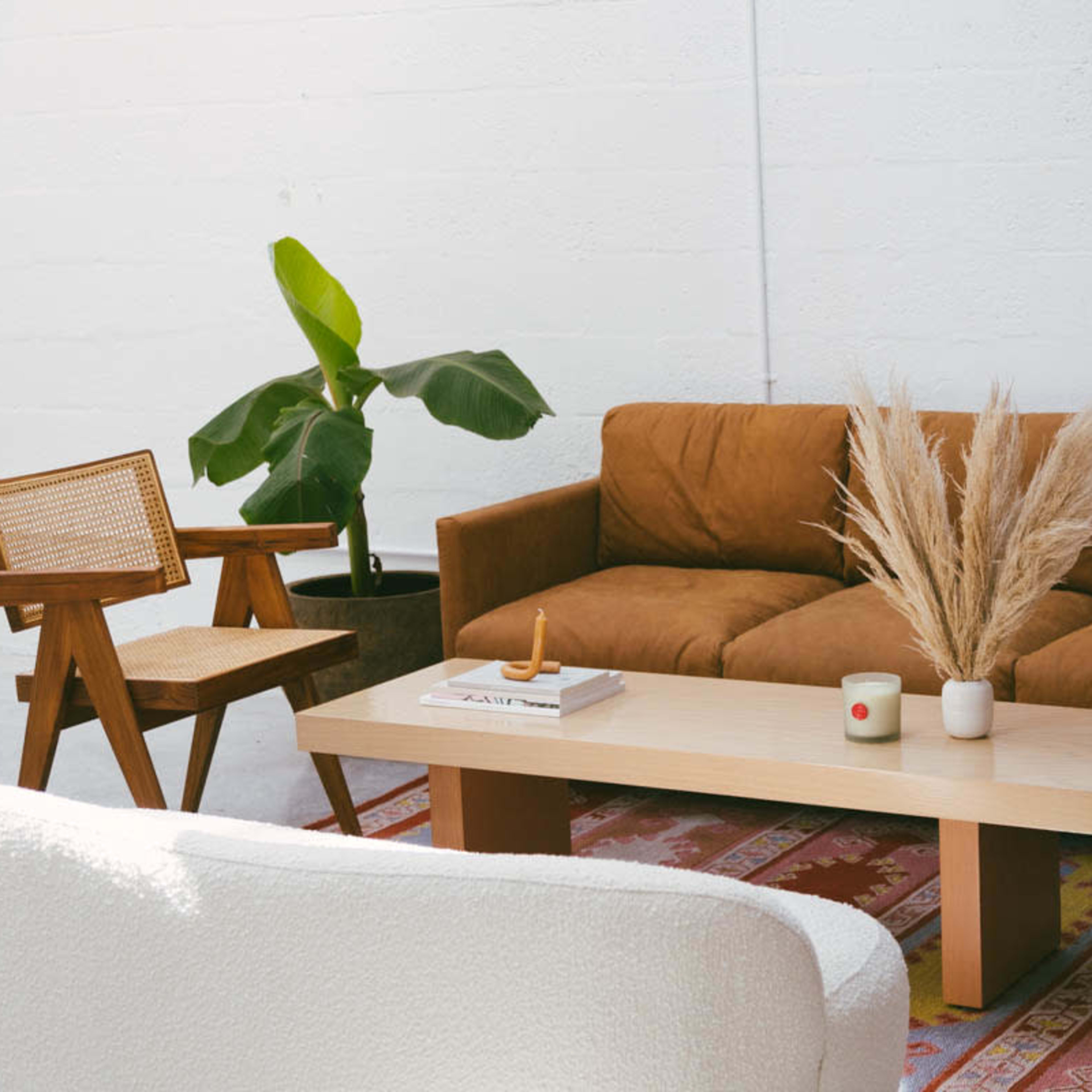 A brown sofa is positioned in a bright room alongside two wooden chairs, a coffee table, and a decorative plant.