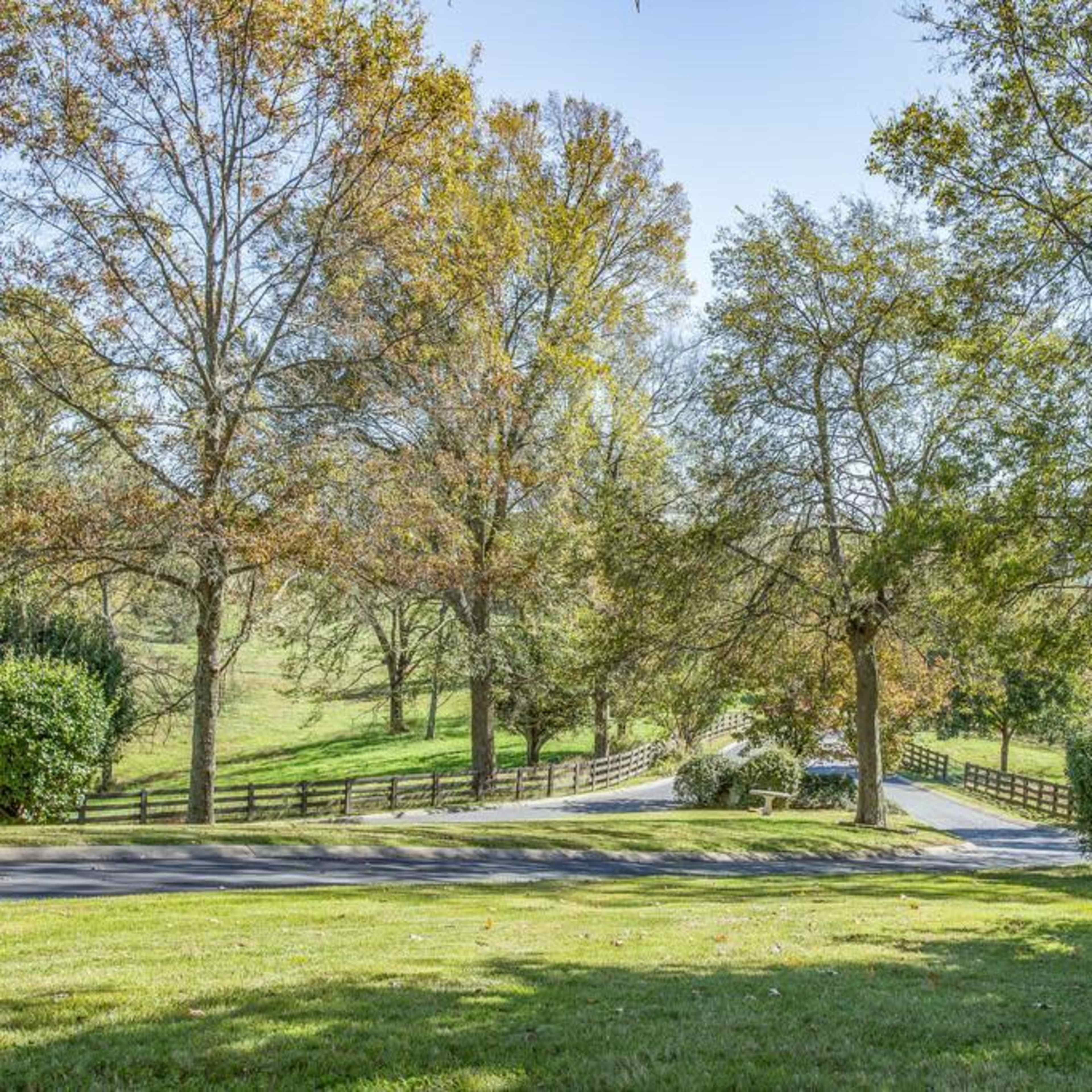 A paved driveway lined with trees leads through a rural landscape featuring grassy areas and wooden fencing.