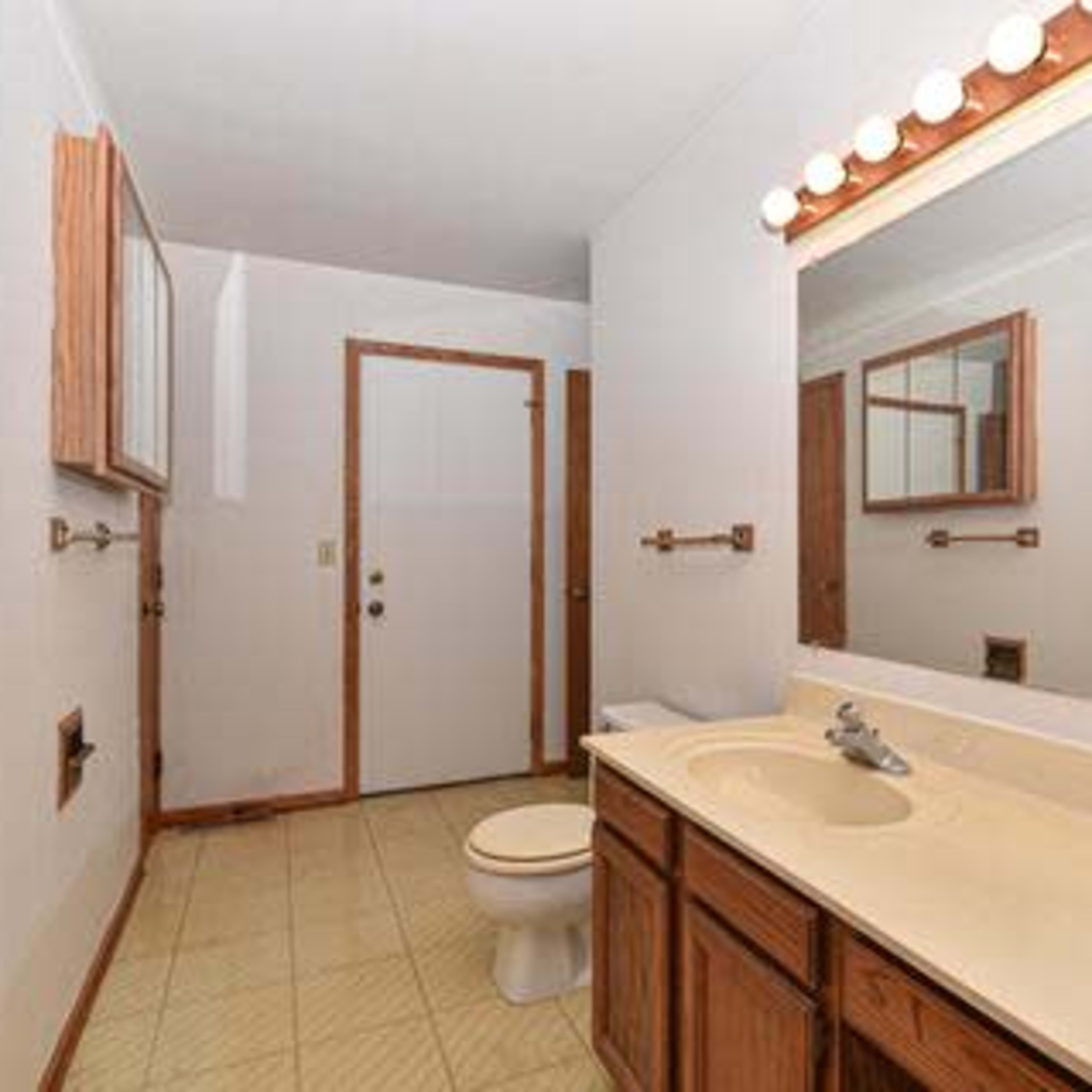 A simple bathroom featuring a toilet, a double sink vanity with wooden cabinets, a mirror above the sink, and a door leading outside.