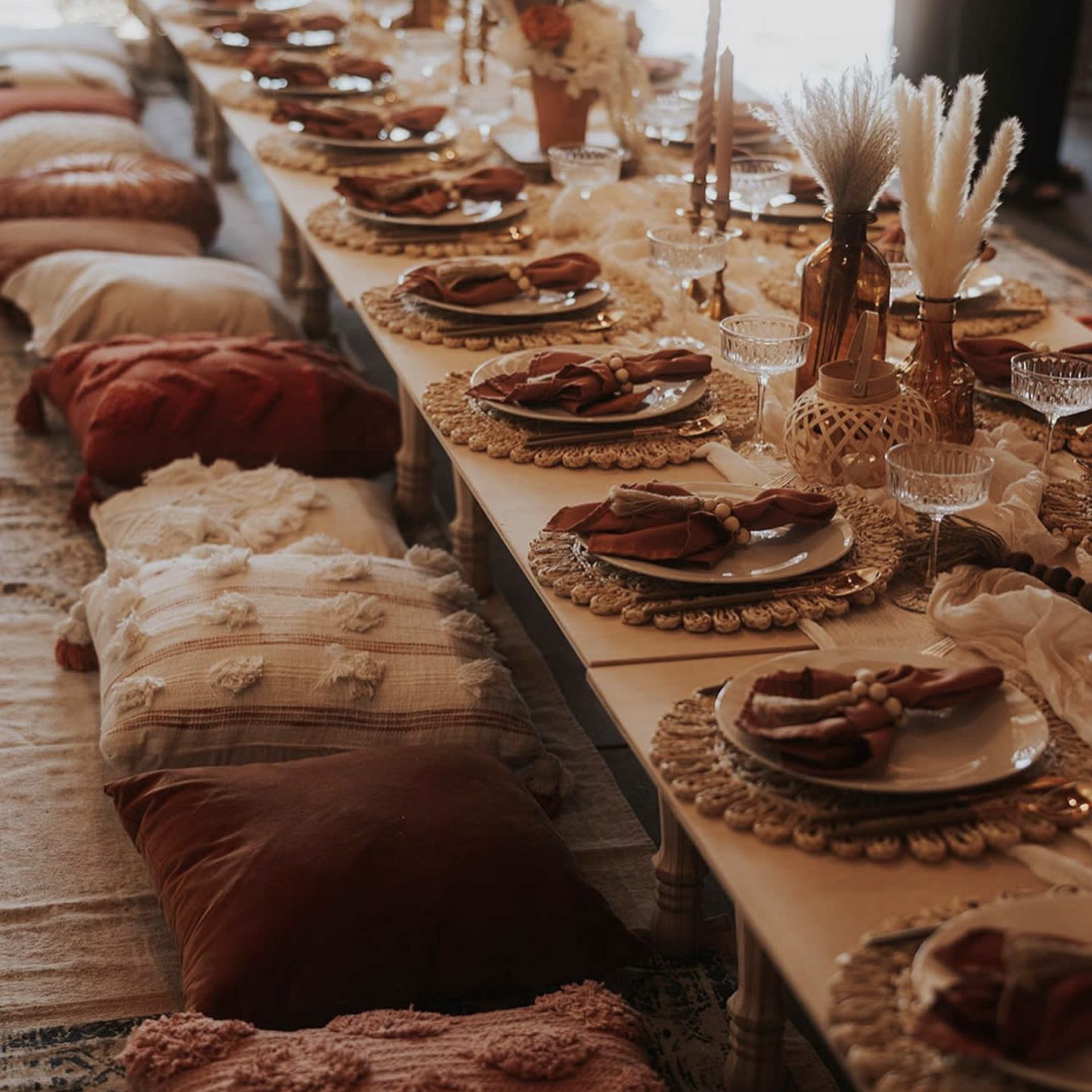 A long dining table is set with plates and glassware, surrounded by decorative pillows on the floor.