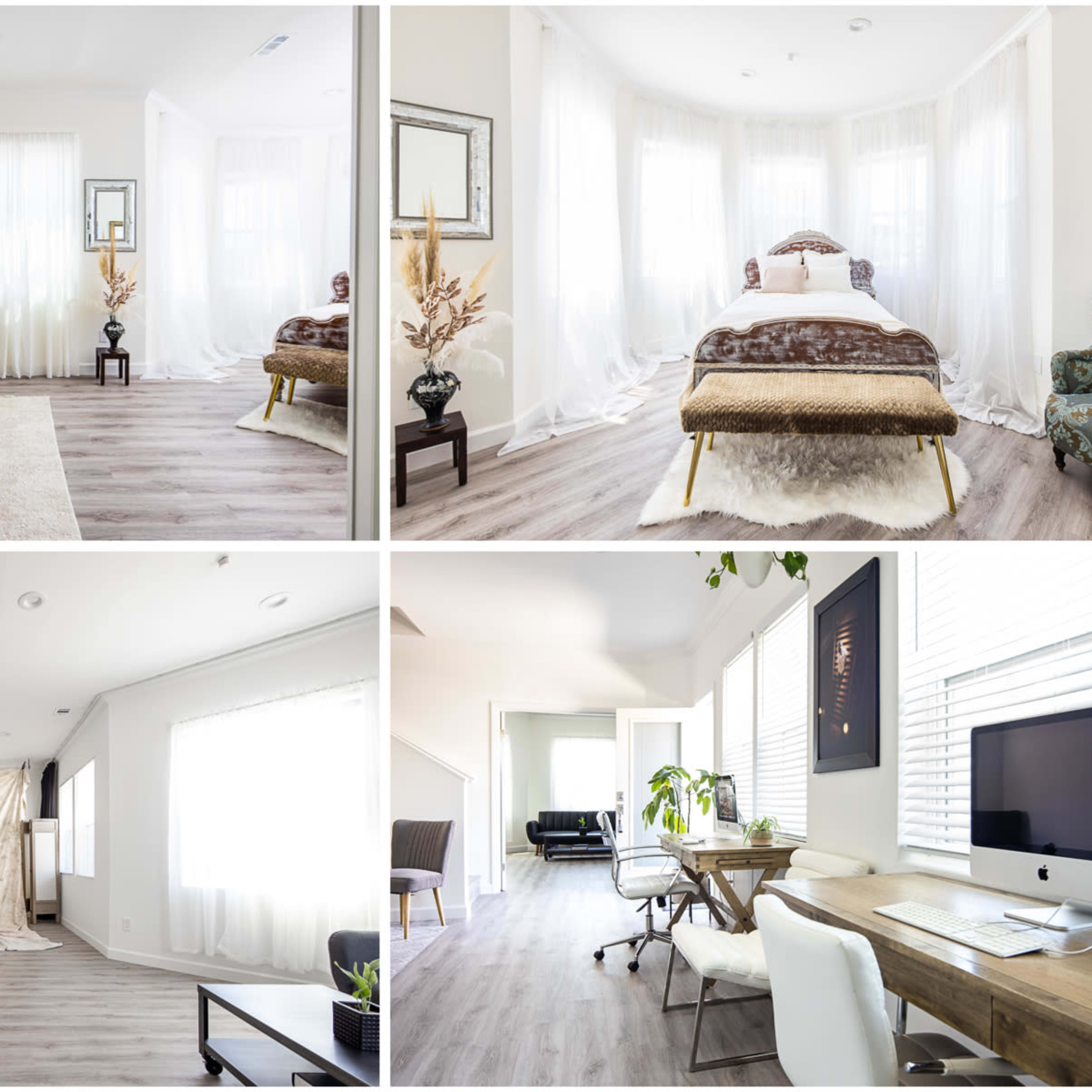 A series of six well-lit interior spaces, including a living room, bedroom, studio, office, and kitchen, all featuring modern furniture and minimalist decor.