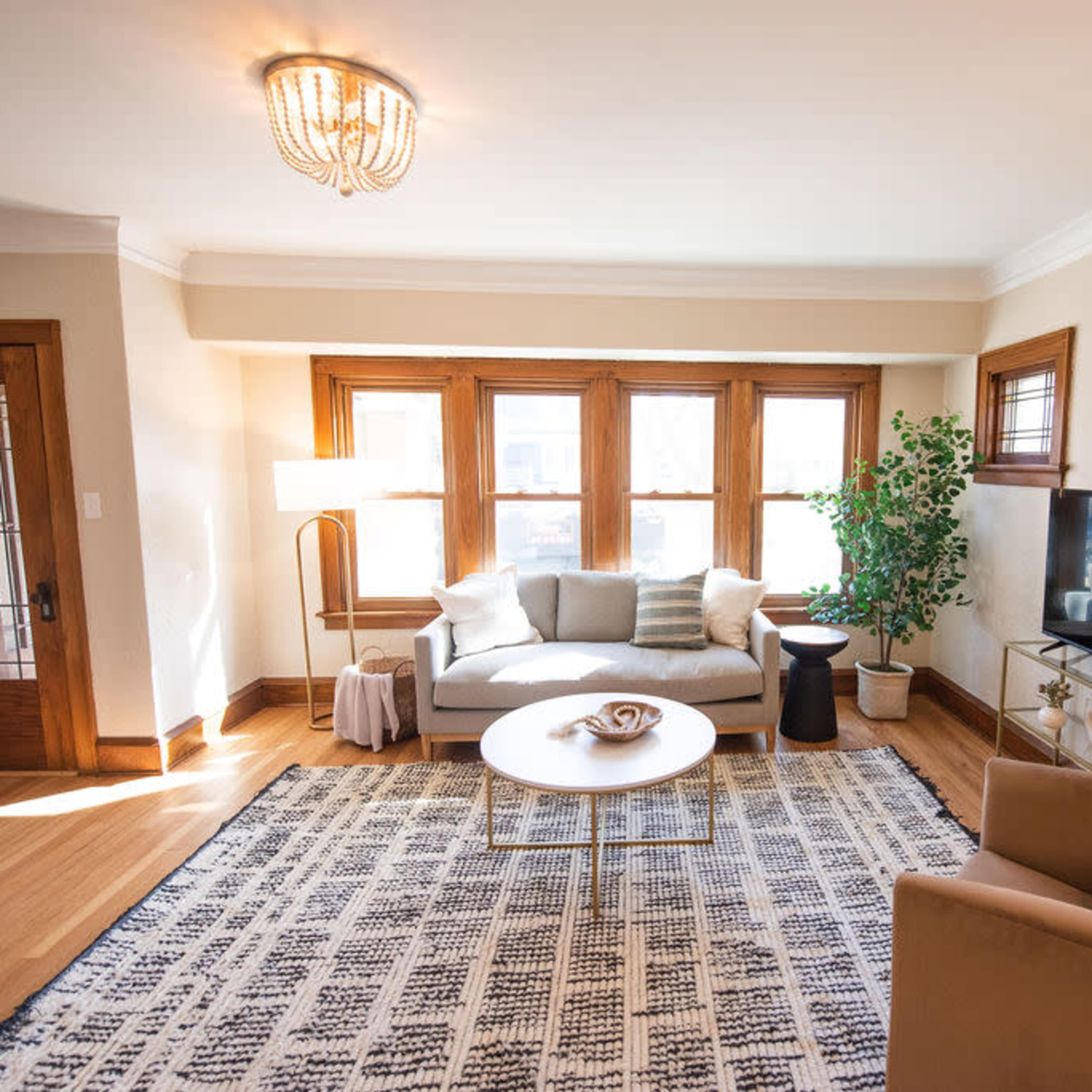 A well-lit living room features a couch, a coffee table, a chair, a television, and a small plant near a window.