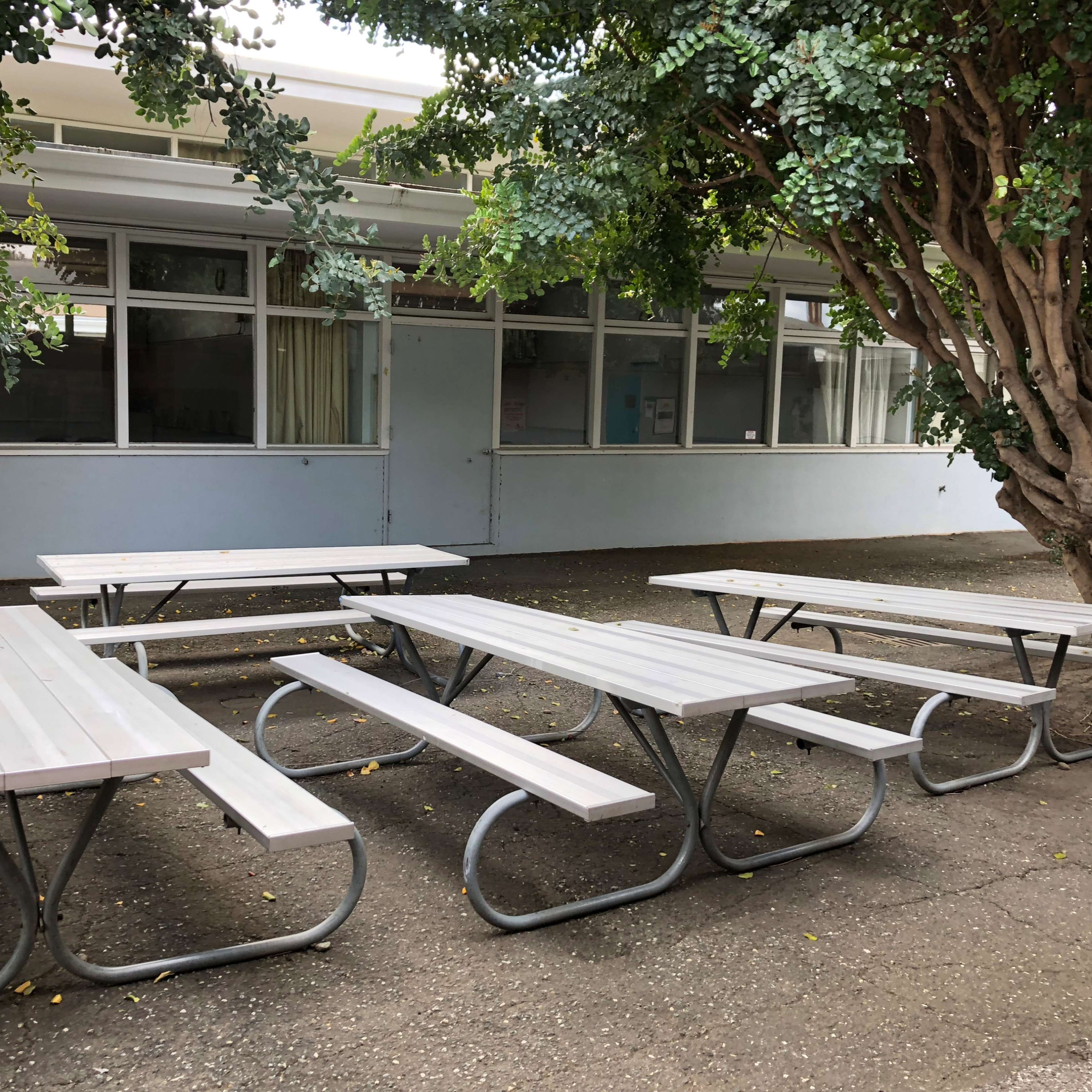 Several sets of metal-frame picnic tables arranged under a large tree in a courtyard area.