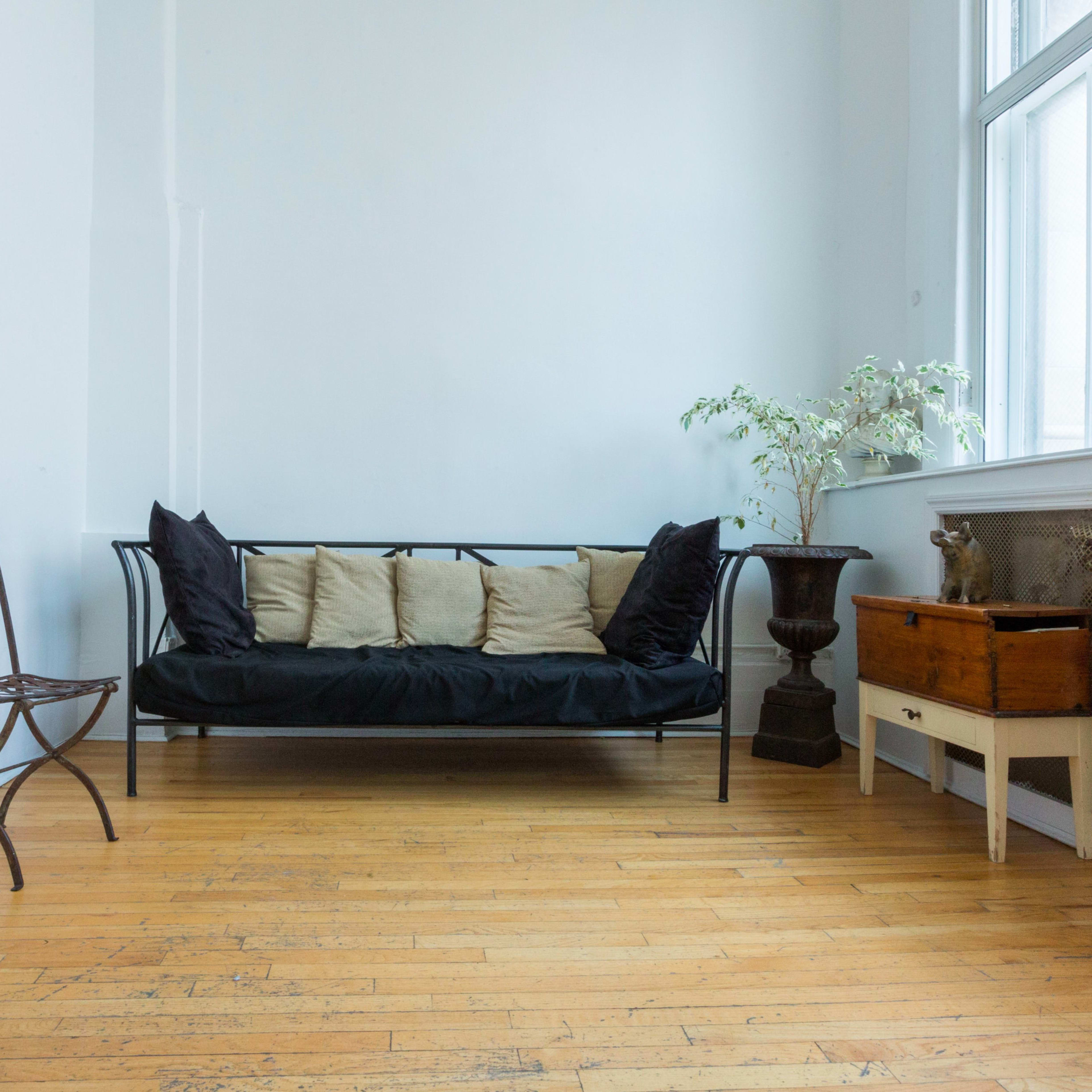 A minimalist interior with a black sofa adorned with cushions, a wooden chair, a decorative plant, and a small wooden cabinet against a light-colored wall.