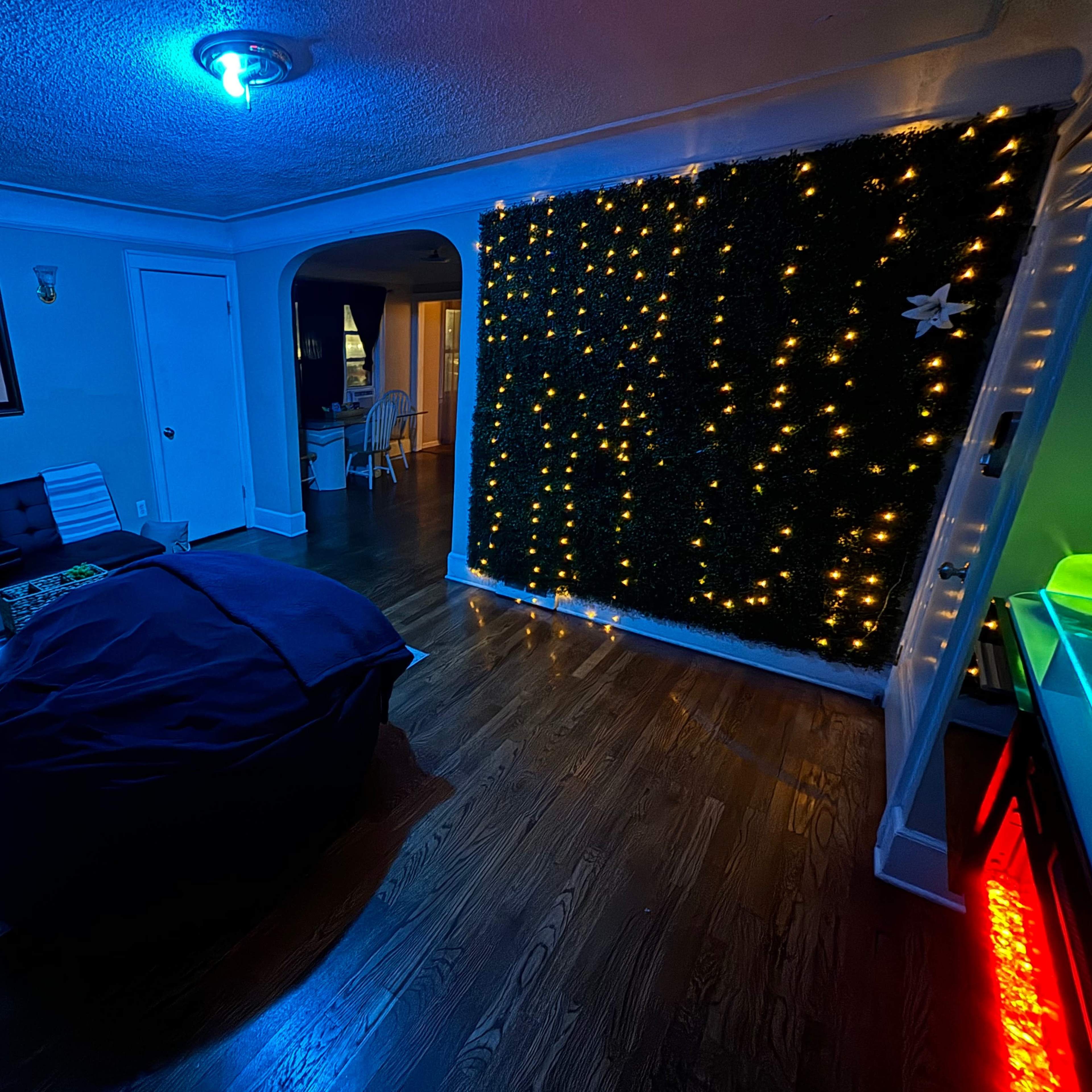 The room features a dark seating area with a bean bag chair and a wall adorned with greenery and string lights, illuminated by cool blue lighting.