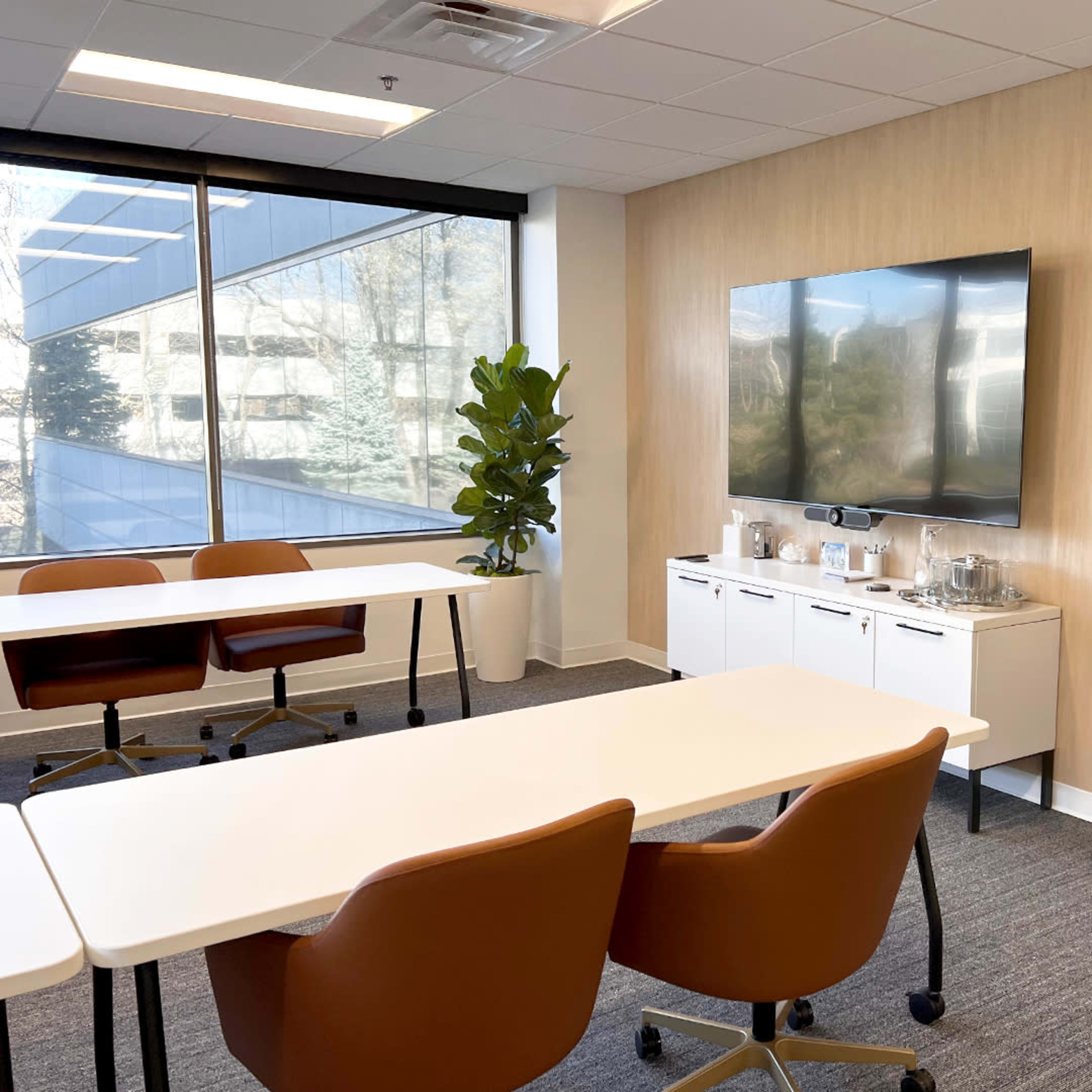 A modern conference room with two tables, brown chairs, a television mounted on the wall, and a potted plant in the corner.
