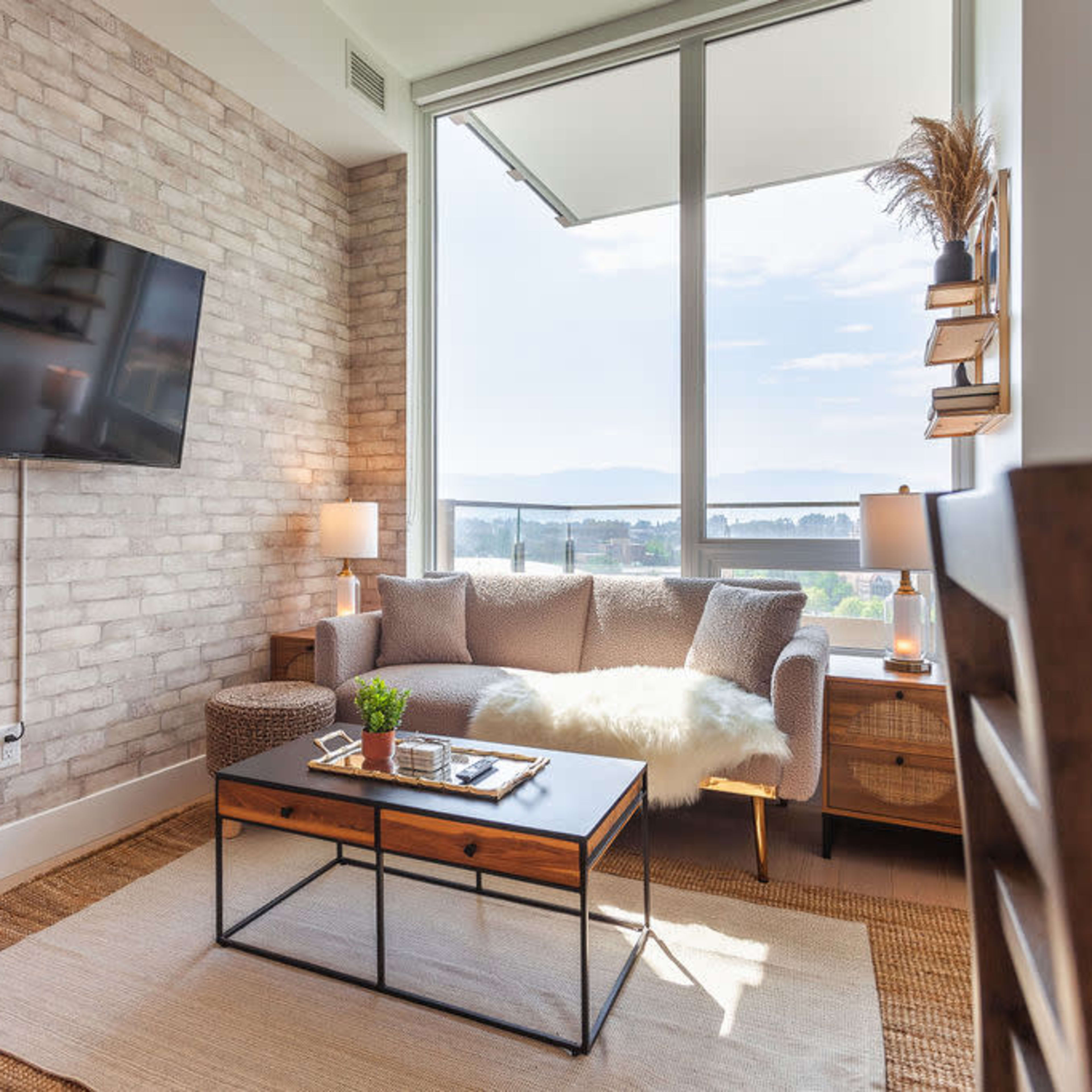 A cozy living room with a gray couch, a wood coffee table, a mounted television, and large windows providing a scenic view.