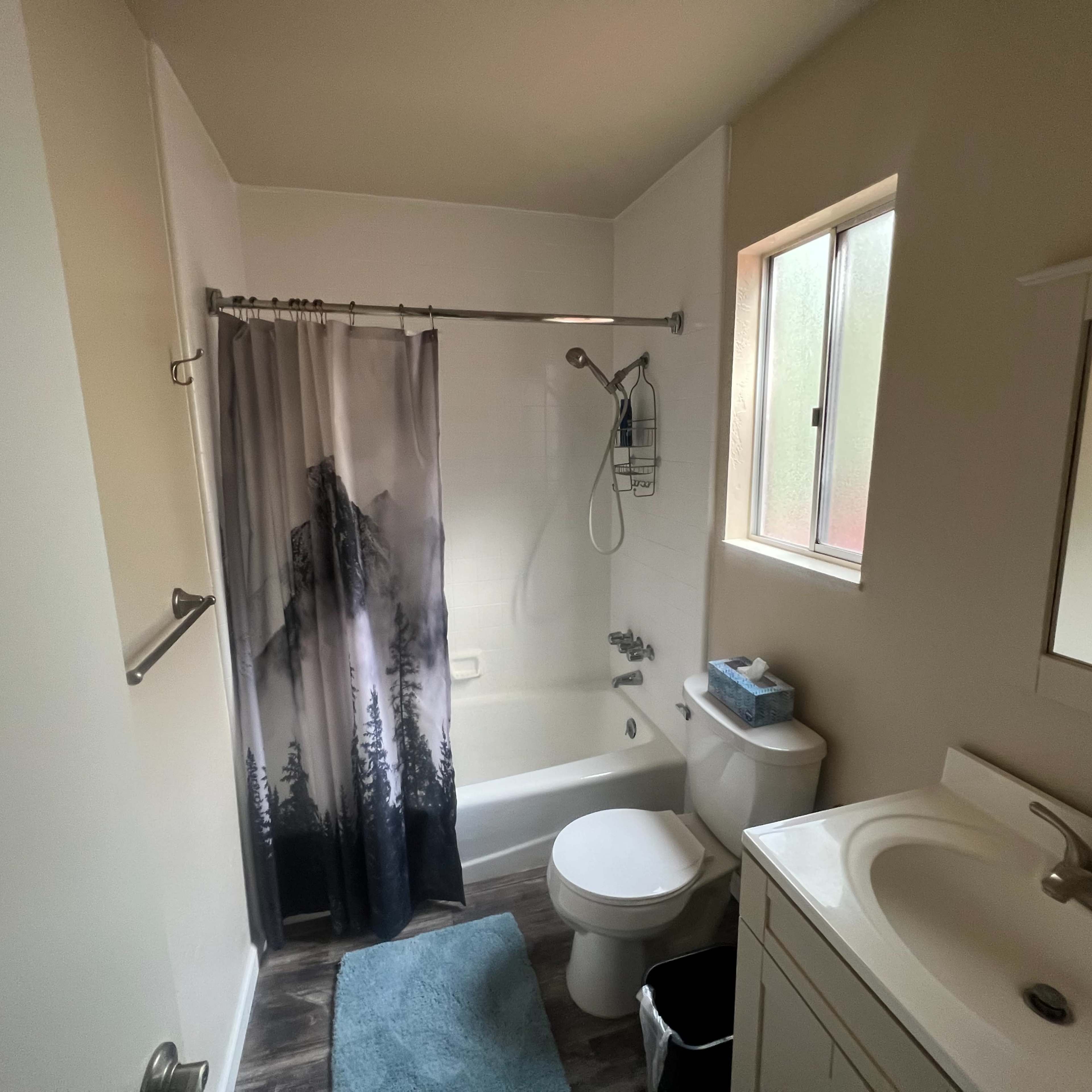 A small bathroom with a tub, toilet, sink, and a shower curtain featuring a mountain scene.