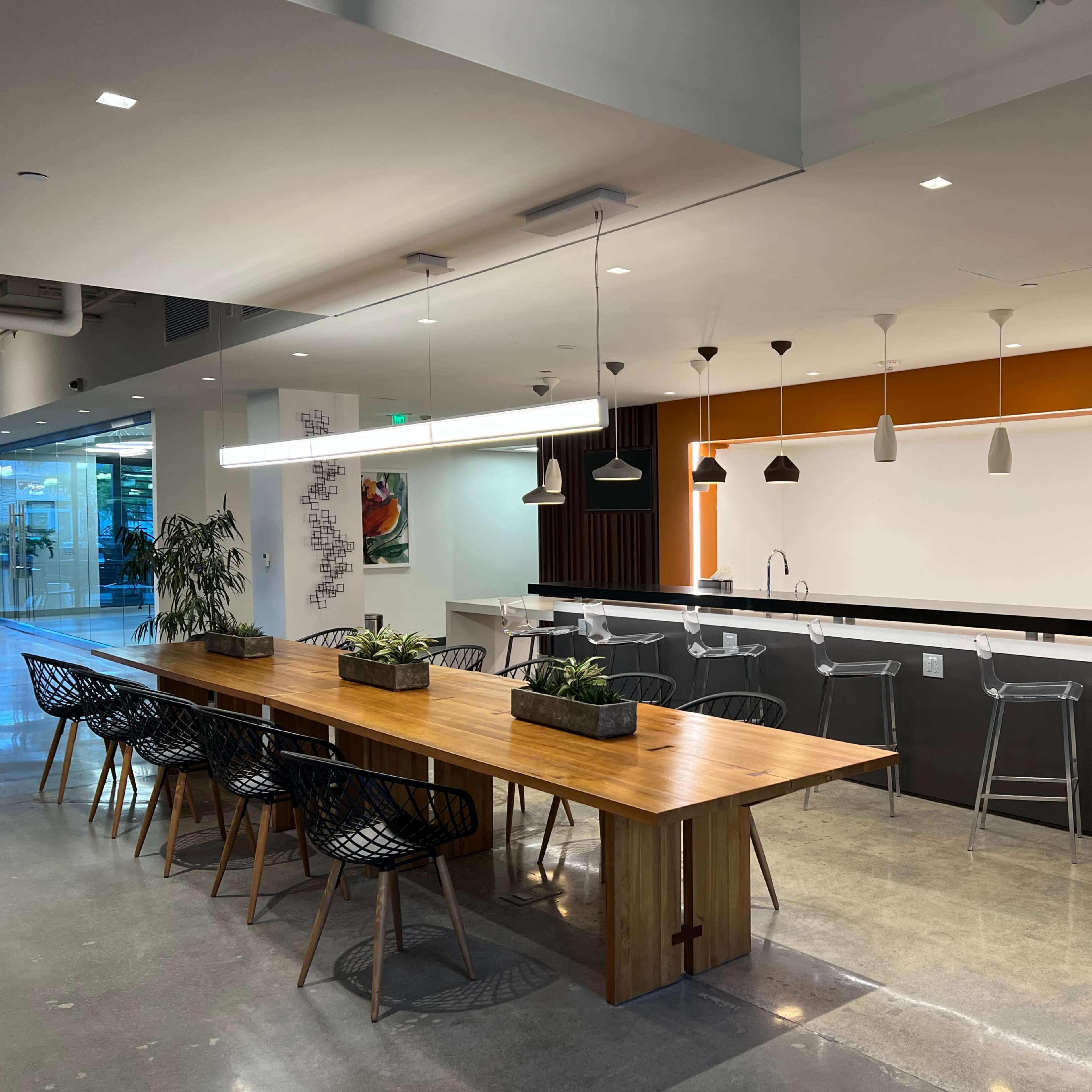 A modern kitchen area features a long wooden table with black chairs, a sleek bar with pendant lights, and a series of plants along the countertop.