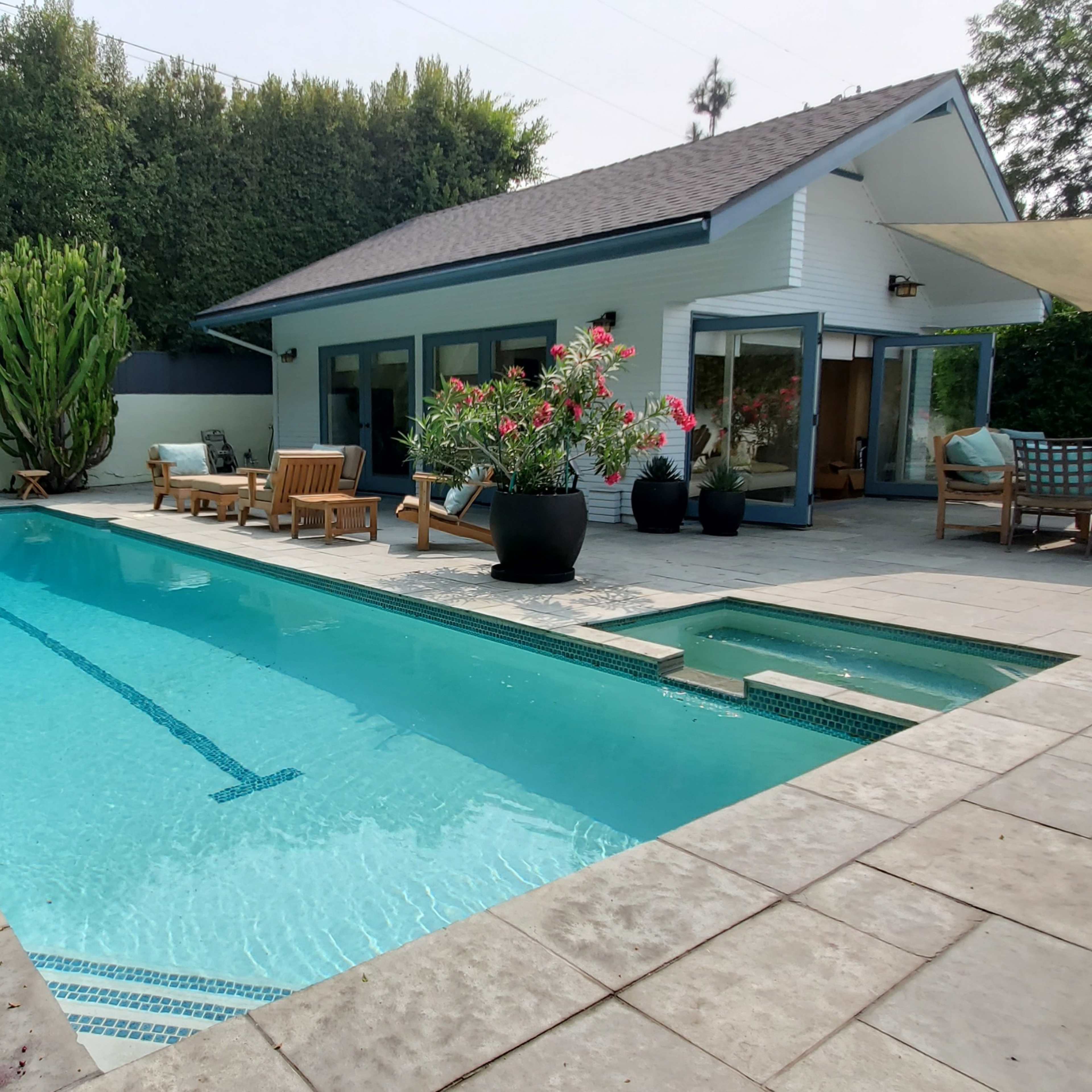 A swimming pool surrounded by lounge chairs, potted plants, and a house with large windows.