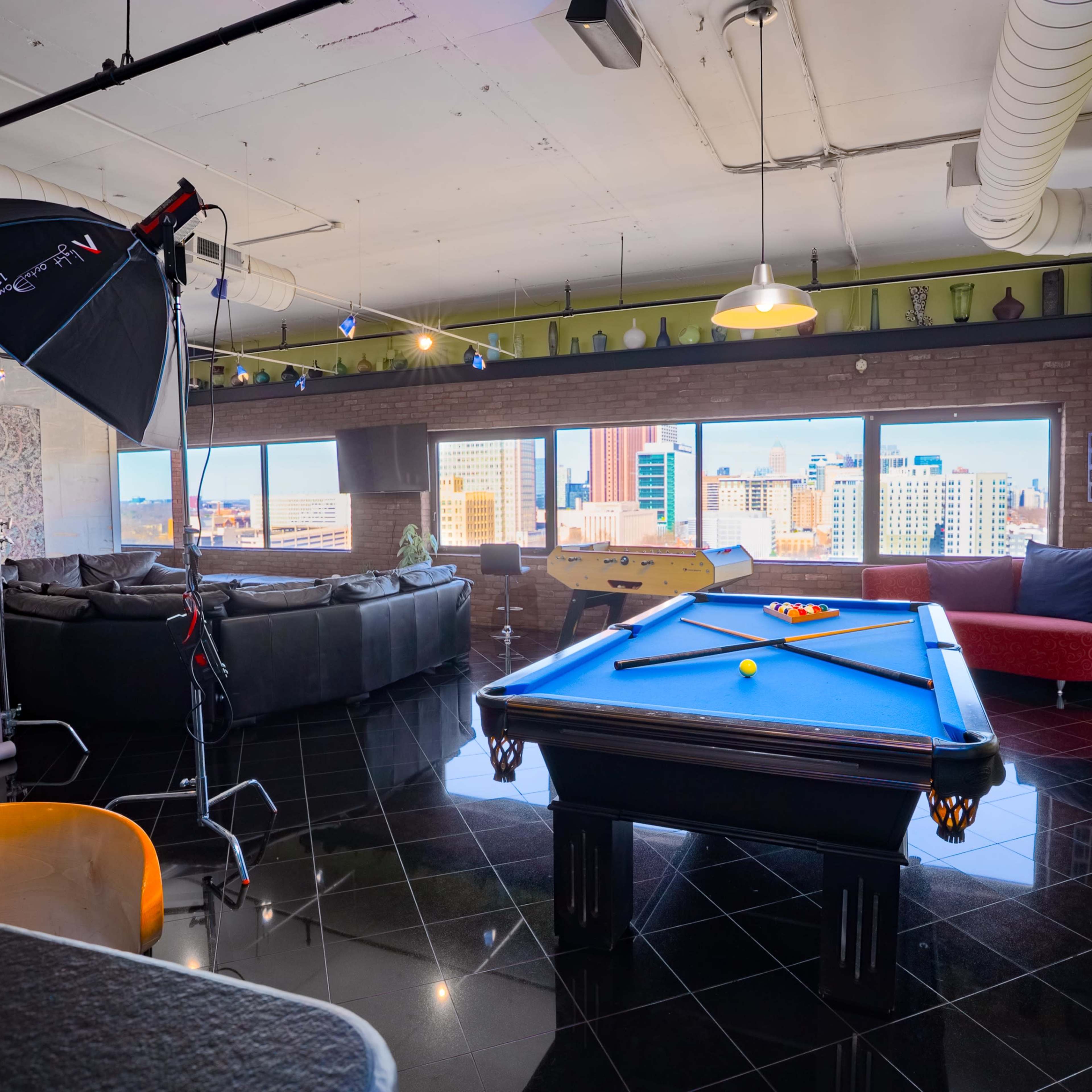 Skyline Loft Production Studio Setup, Game Lounge & Theater – Natural Light Image in Downtown Atlanta, Atlanta, GA