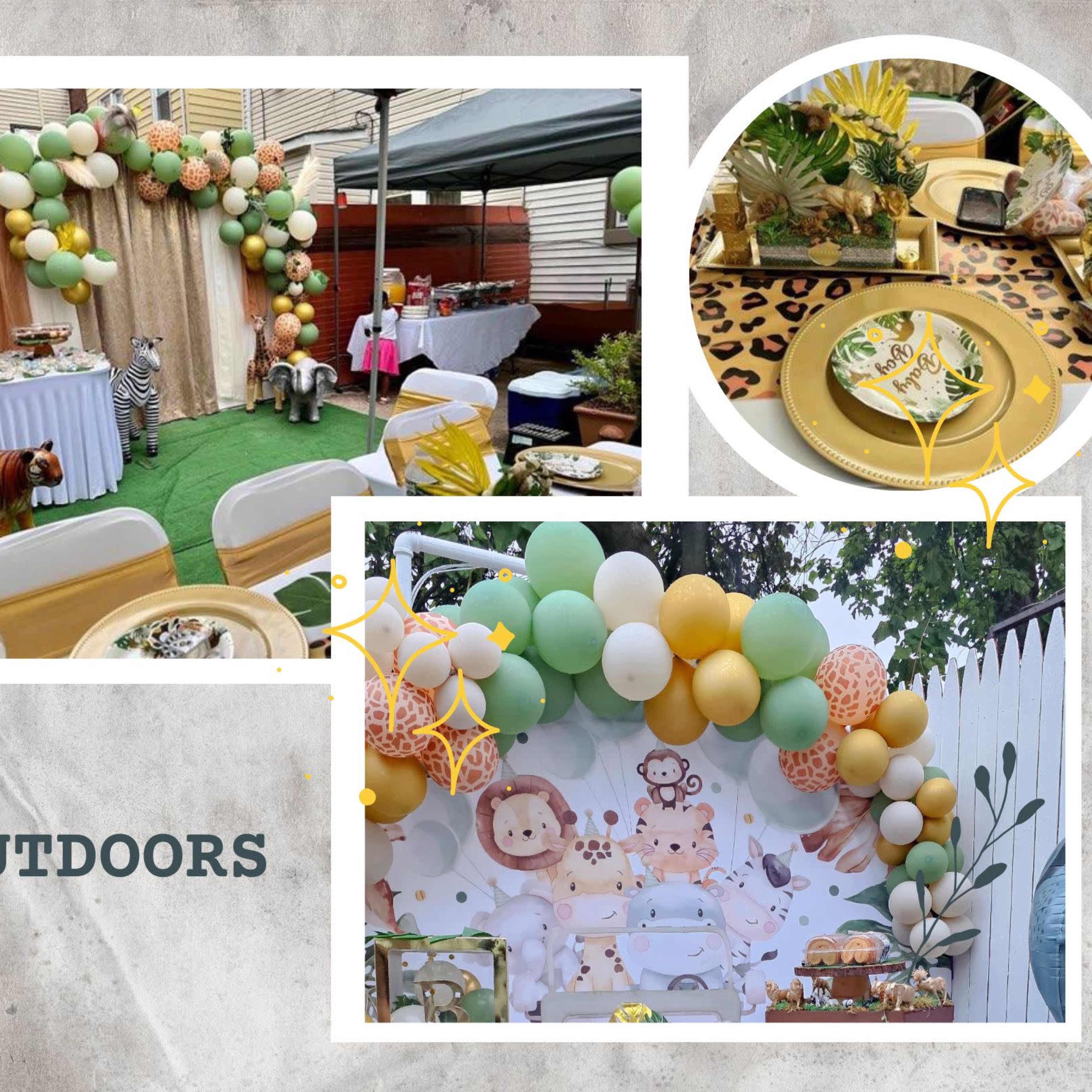 A decorated outdoor space for a party, featuring colorful balloons, themed table setups, and safari-themed elements.
