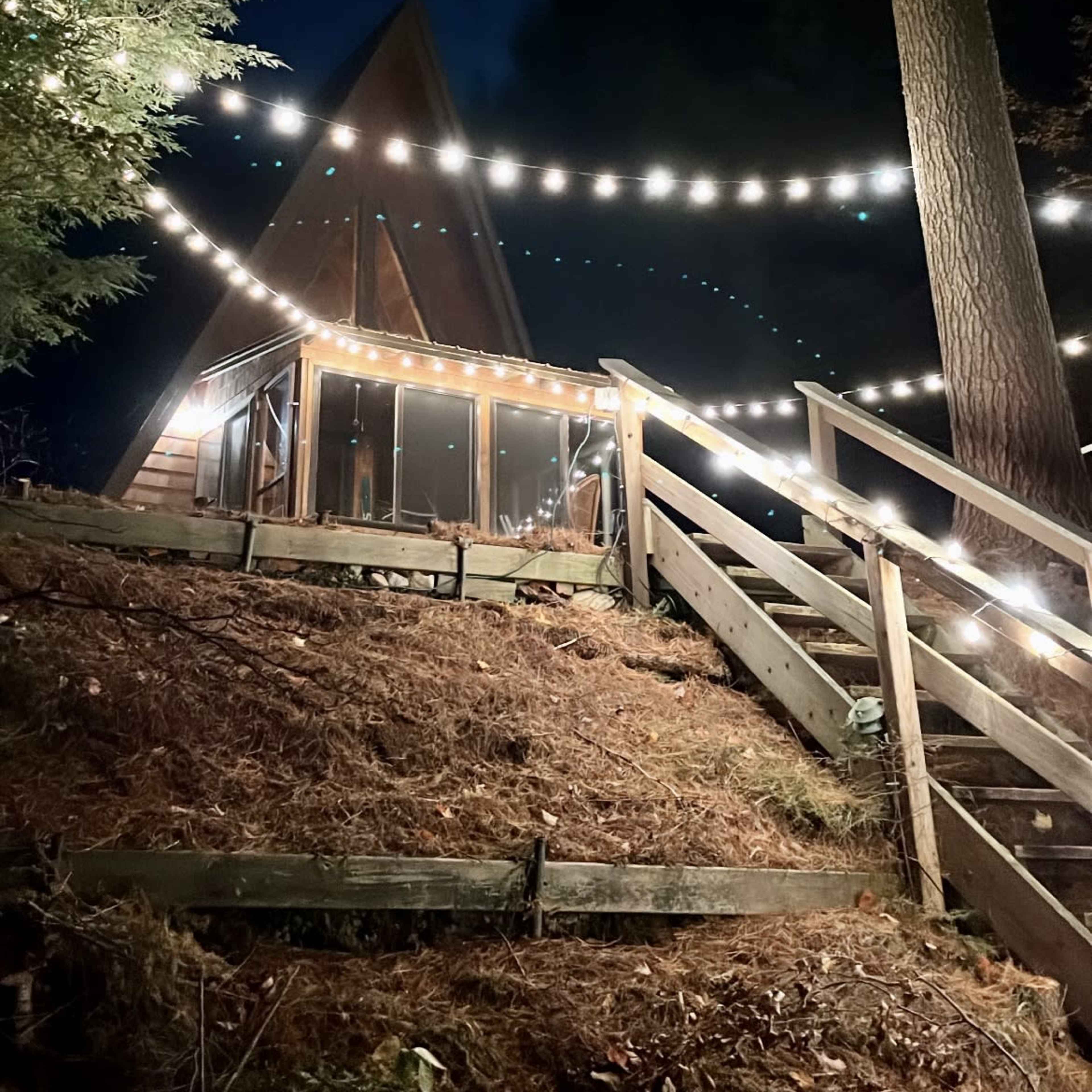 A triangular wooden cabin with string lights is situated on a hillside surrounded by trees at night.