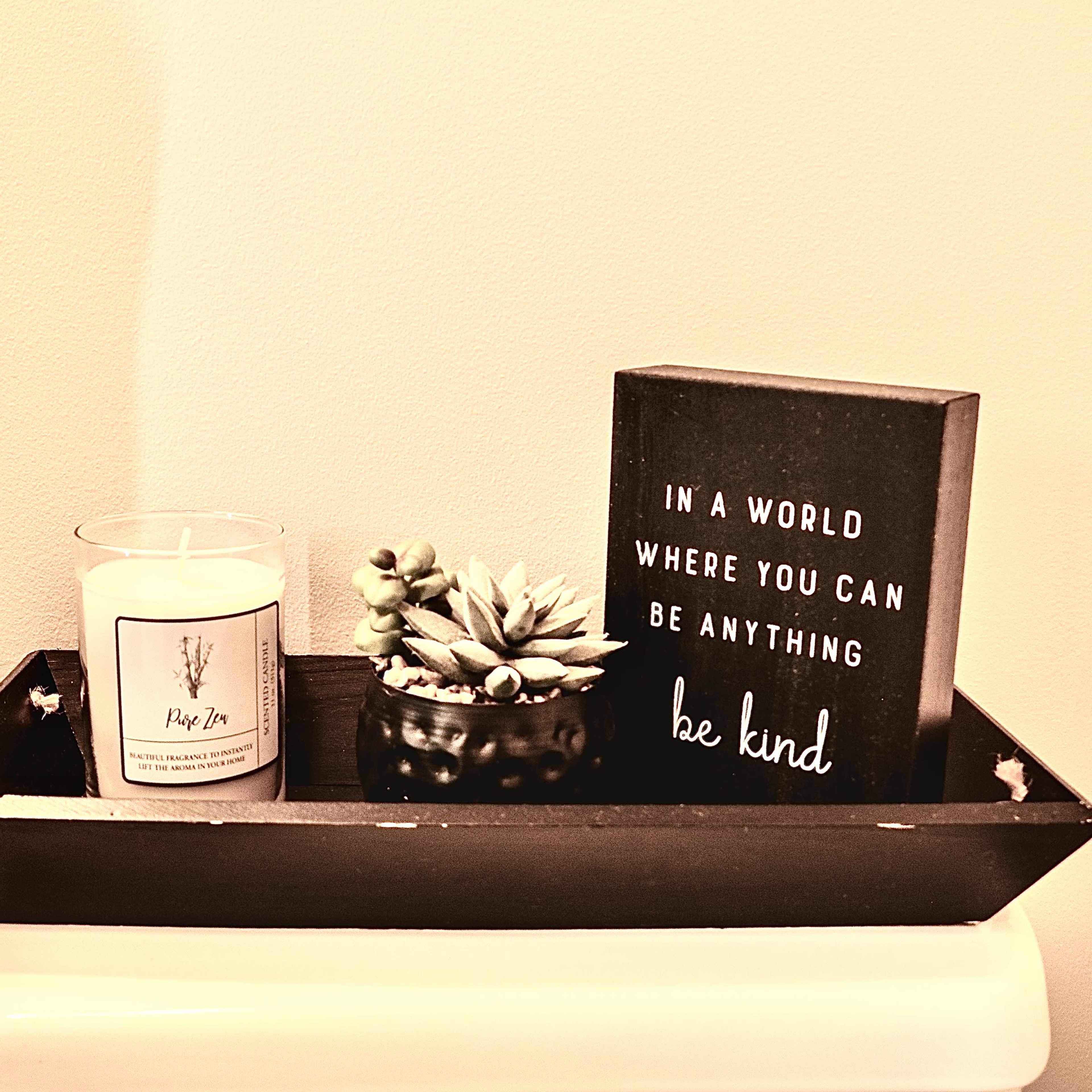 A decorative wooden tray holds a candle, a small succulent plant, and a sign that reads, "In a world where you can be anything, be kind."
