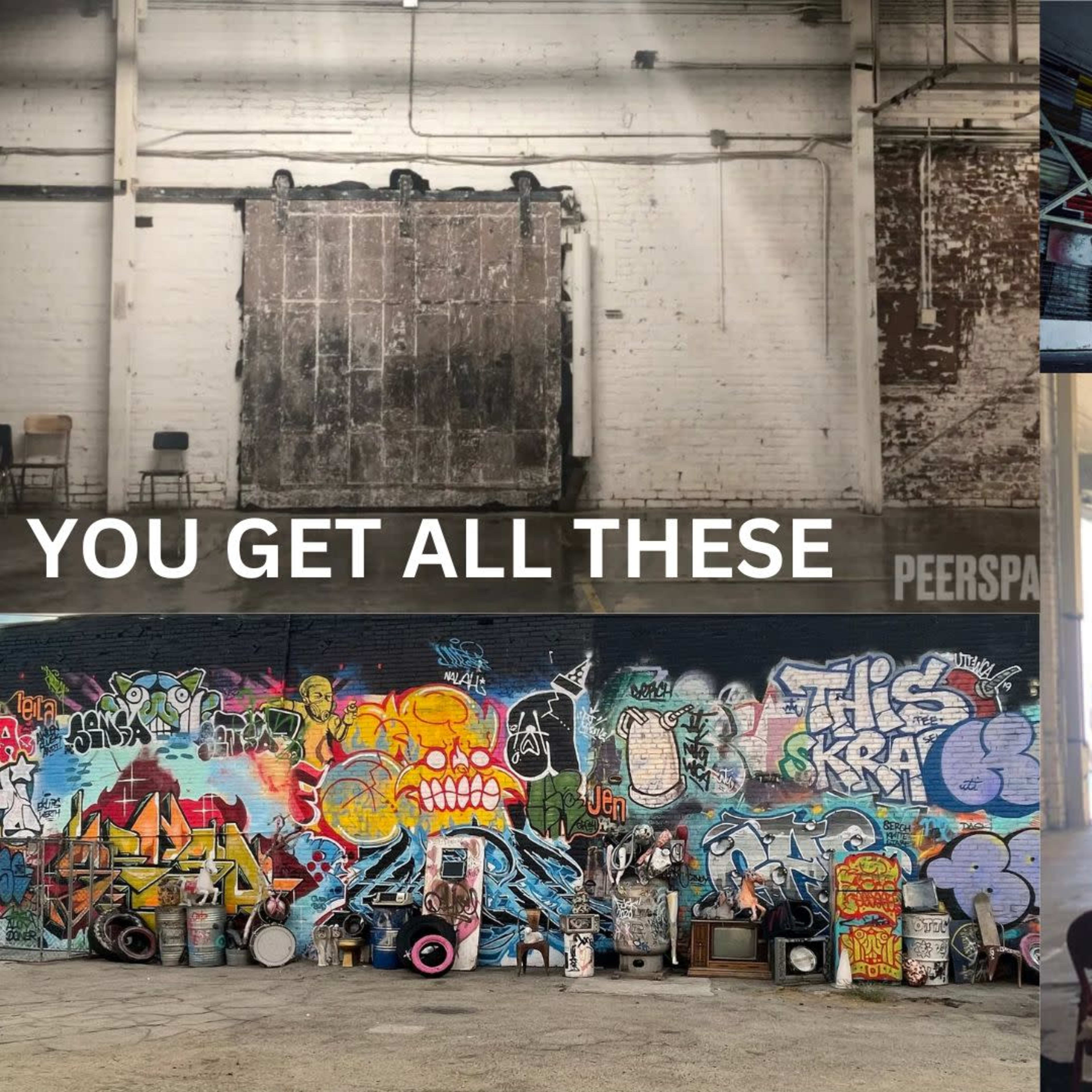 A large, industrial space with vibrant street art on one wall, various scenes of people engaged in creative activities, and contrasting areas featuring urban decay.