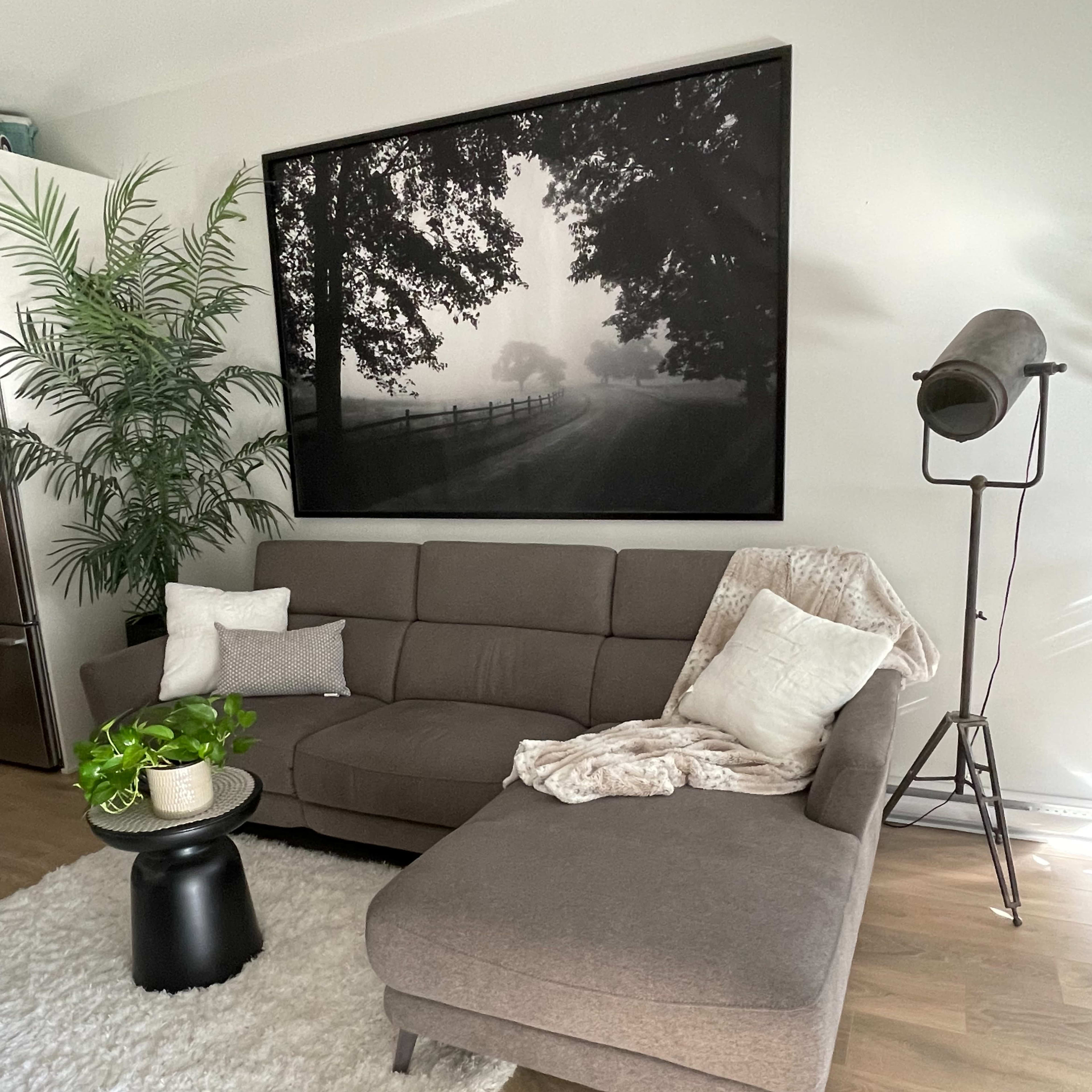 A modern living room features a gray sectional sofa, a black side table, and a large black and white photograph of a misty landscape on the wall.