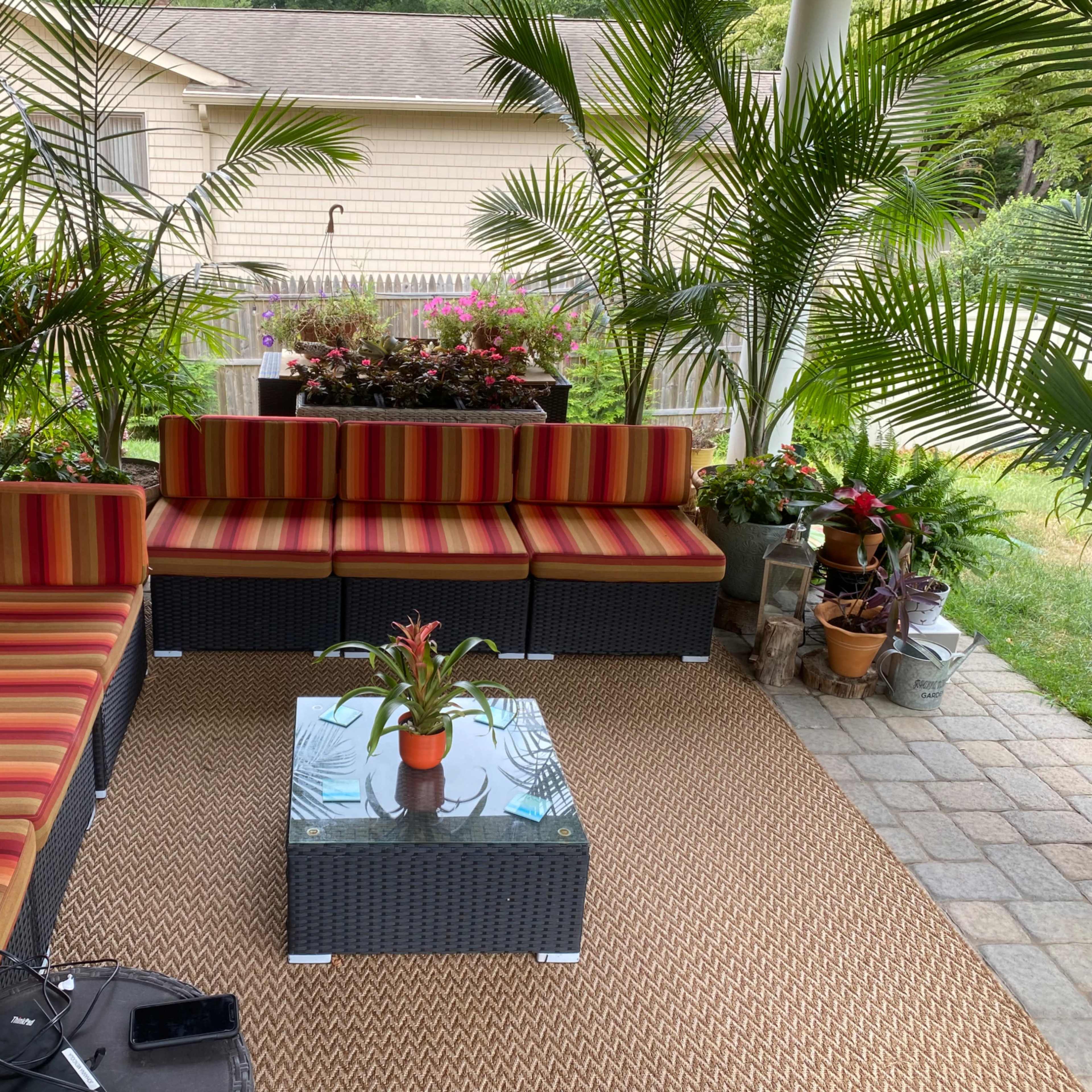 A patio area features a striped cushioned seating arrangement, a glass-top coffee table, and various potted plants surrounding the space.