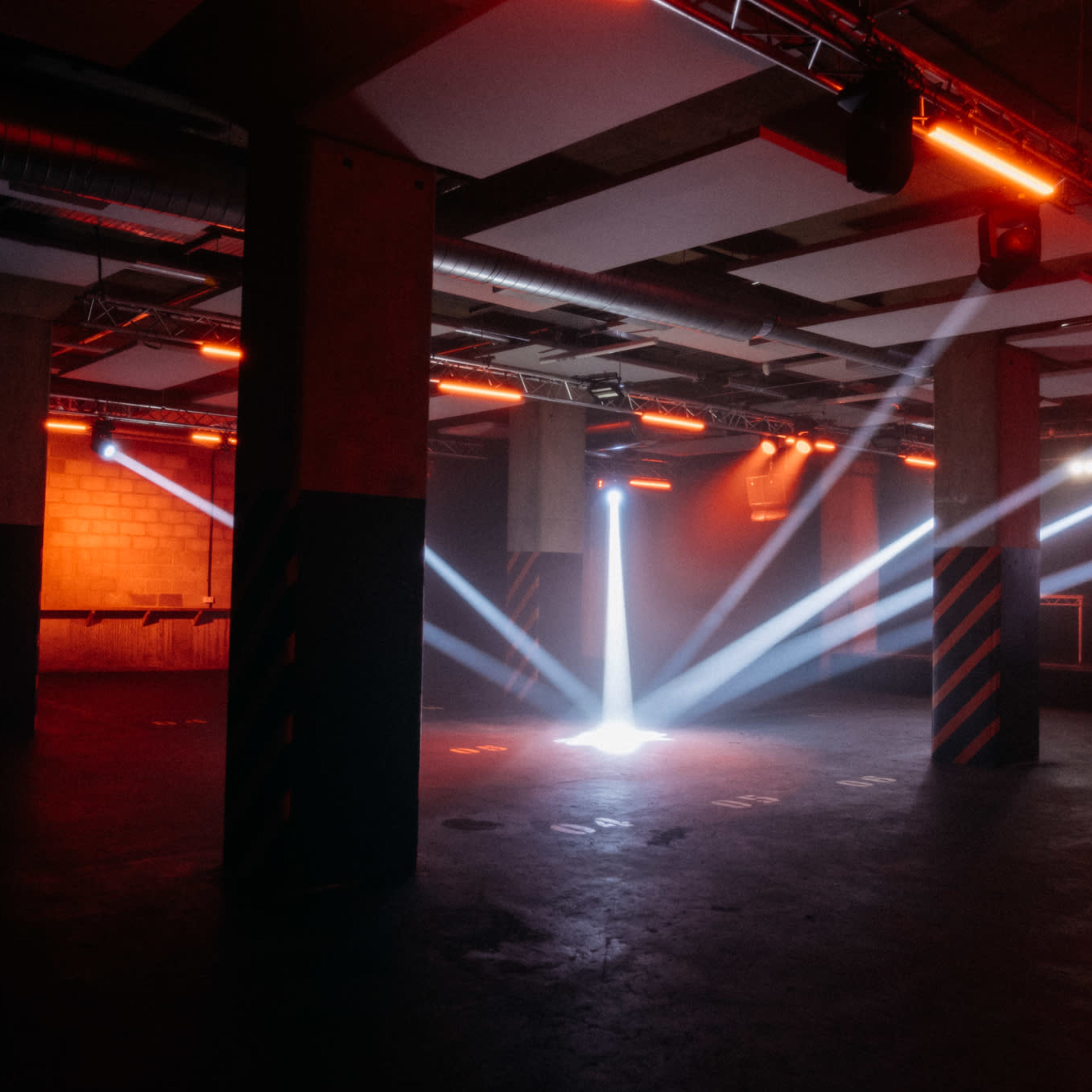 An industrial-style interior space with beams of light cutting through a dark environment, creating a dramatic atmosphere.