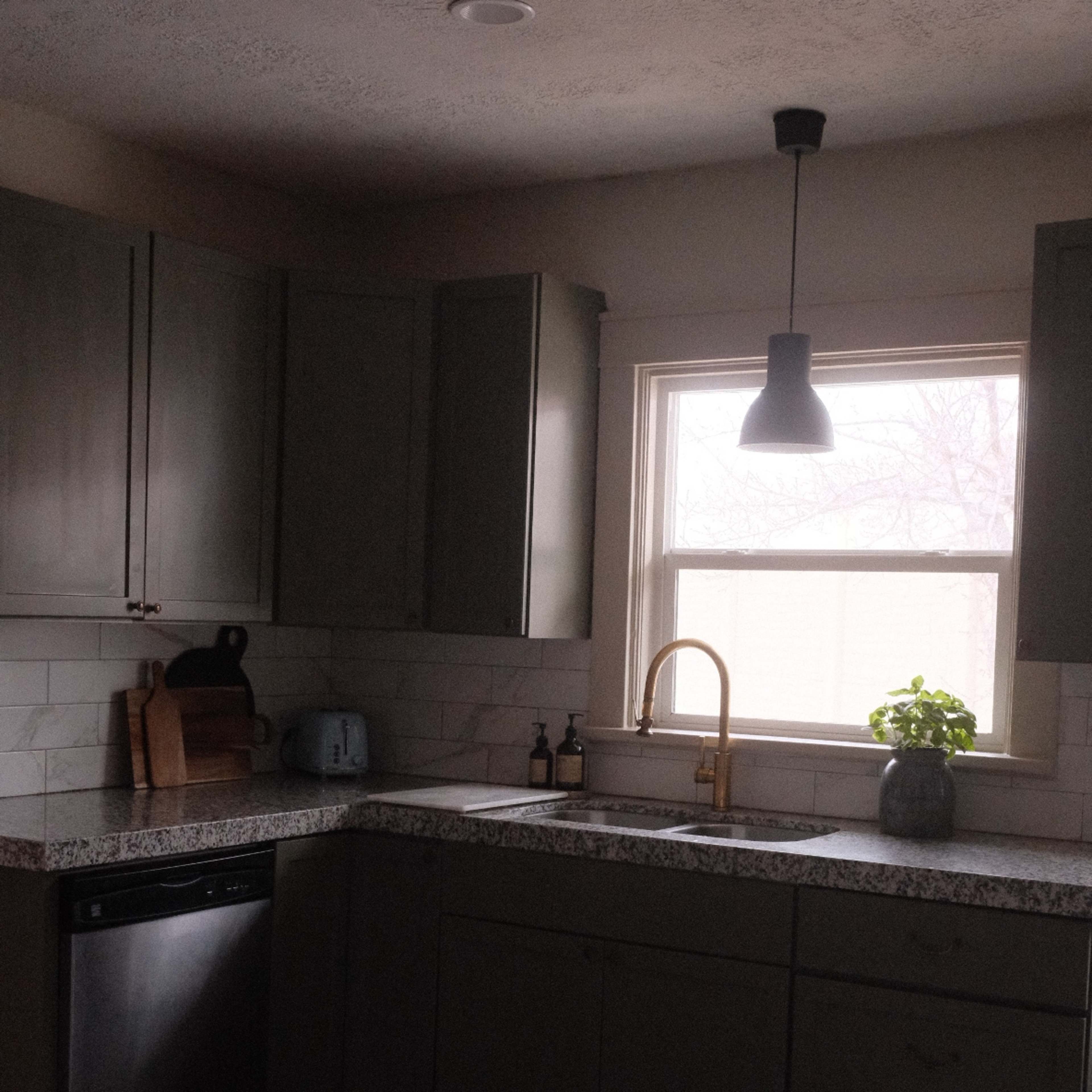 A kitchen features dark cabinetry, a window with natural light, a stainless steel dishwasher, and a granite countertop with a small plant.