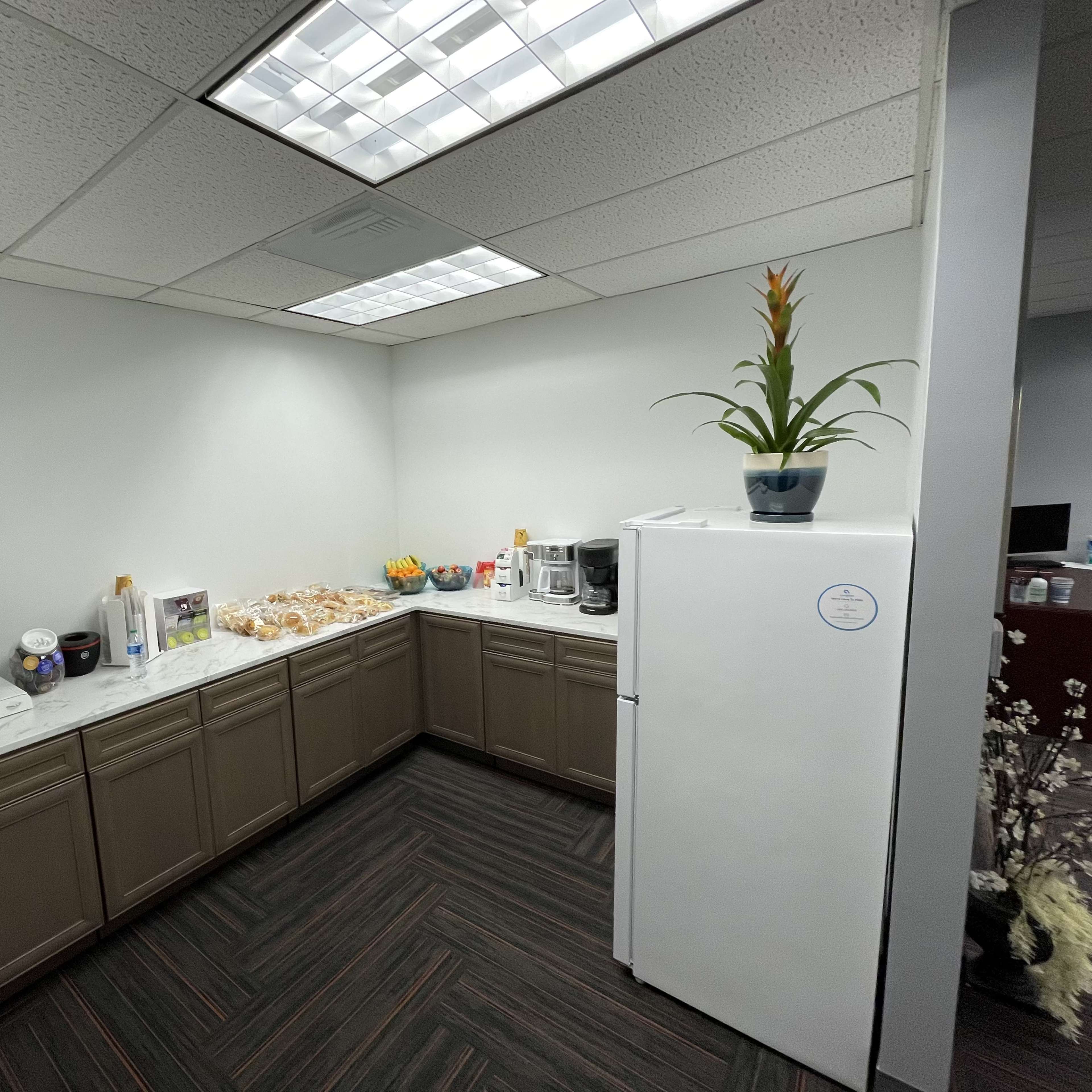 A small office kitchenette equipped with a refrigerator, coffee machines, snacks, and a decorative plant on the counter.