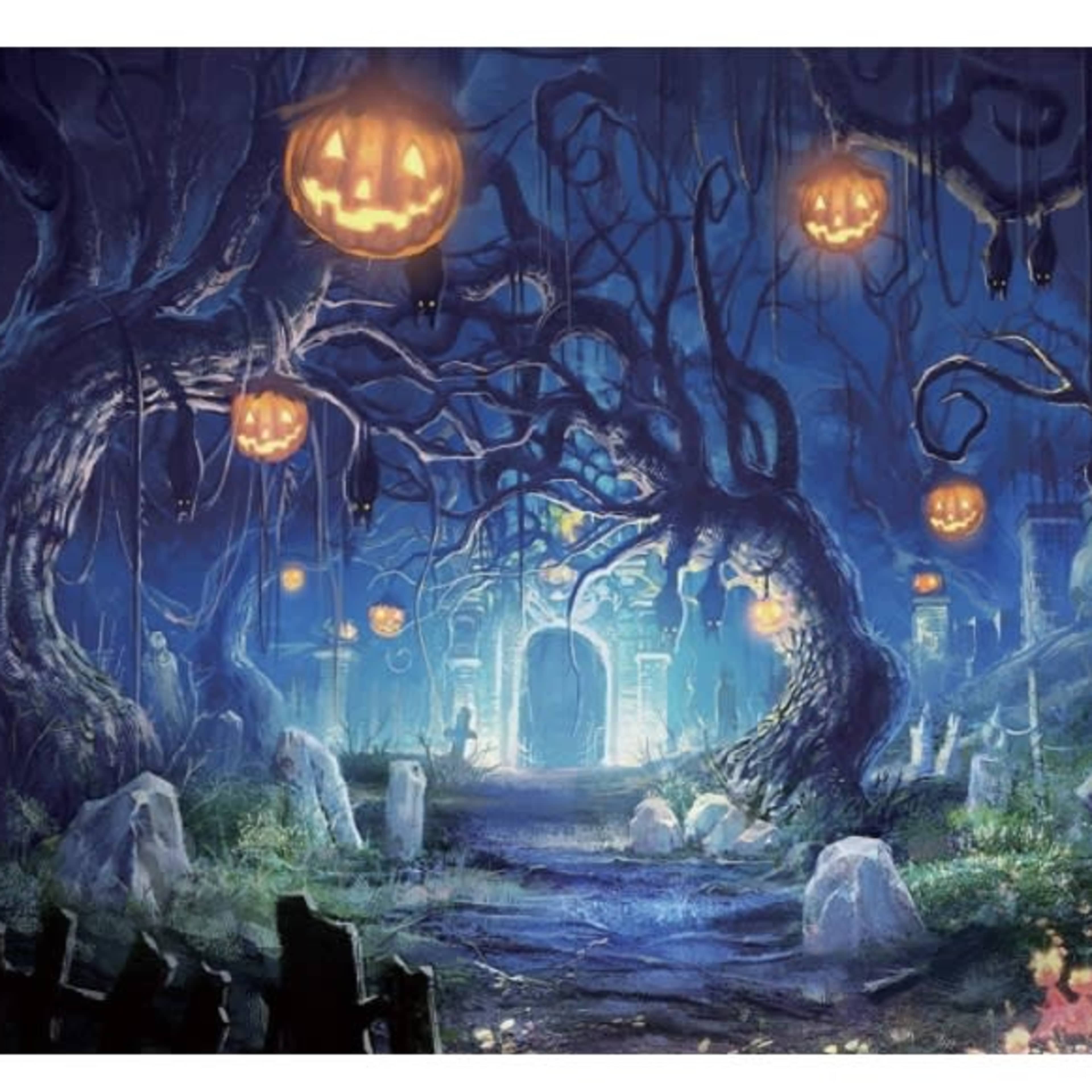 A spooky pathway winds through a dark forest adorned with glowing jack-o'-lanterns and twisted trees.