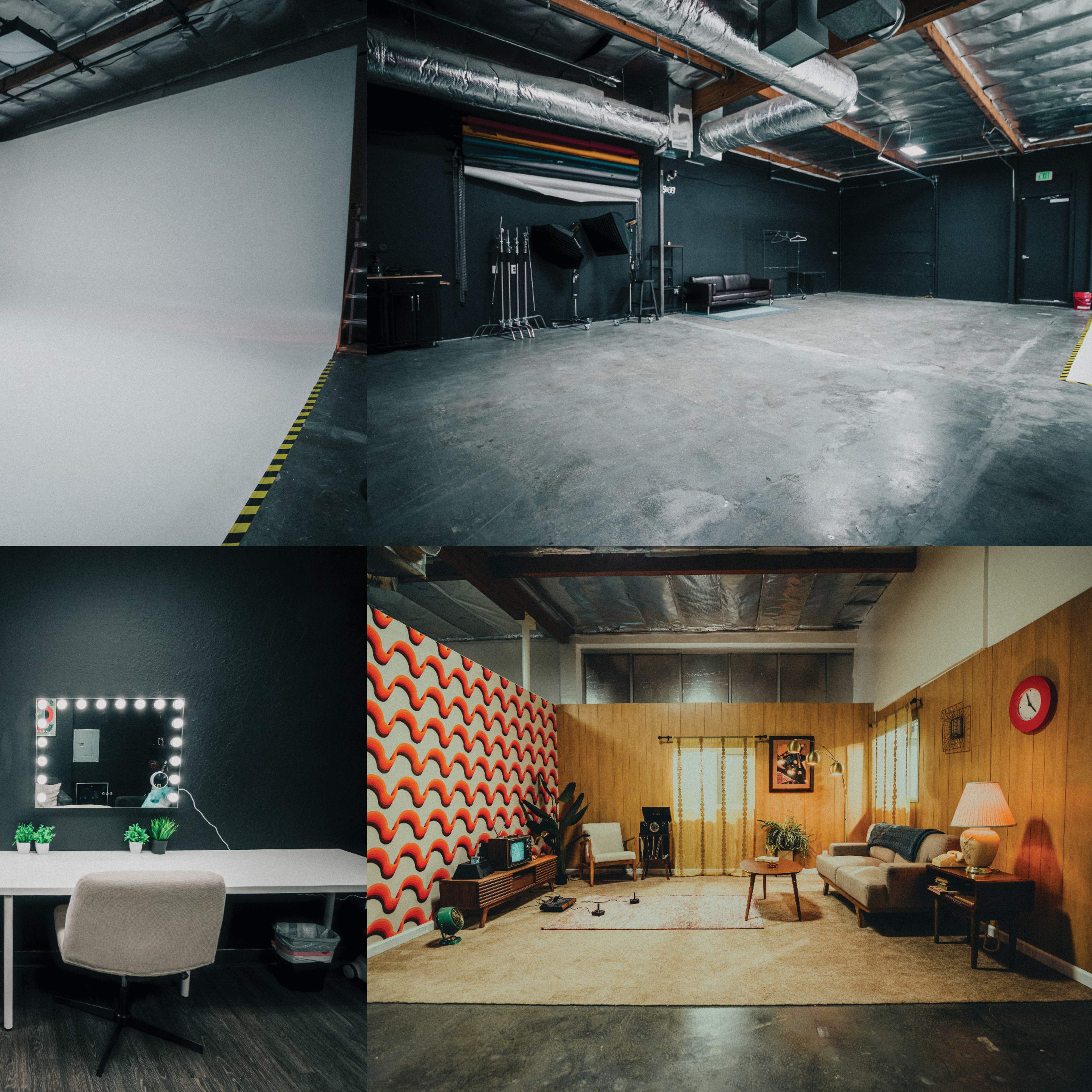 Four distinct areas of a studio space, including a blank photo backdrop, an empty room with equipment, a vanity setup with lights, and a retro-style lounge area.