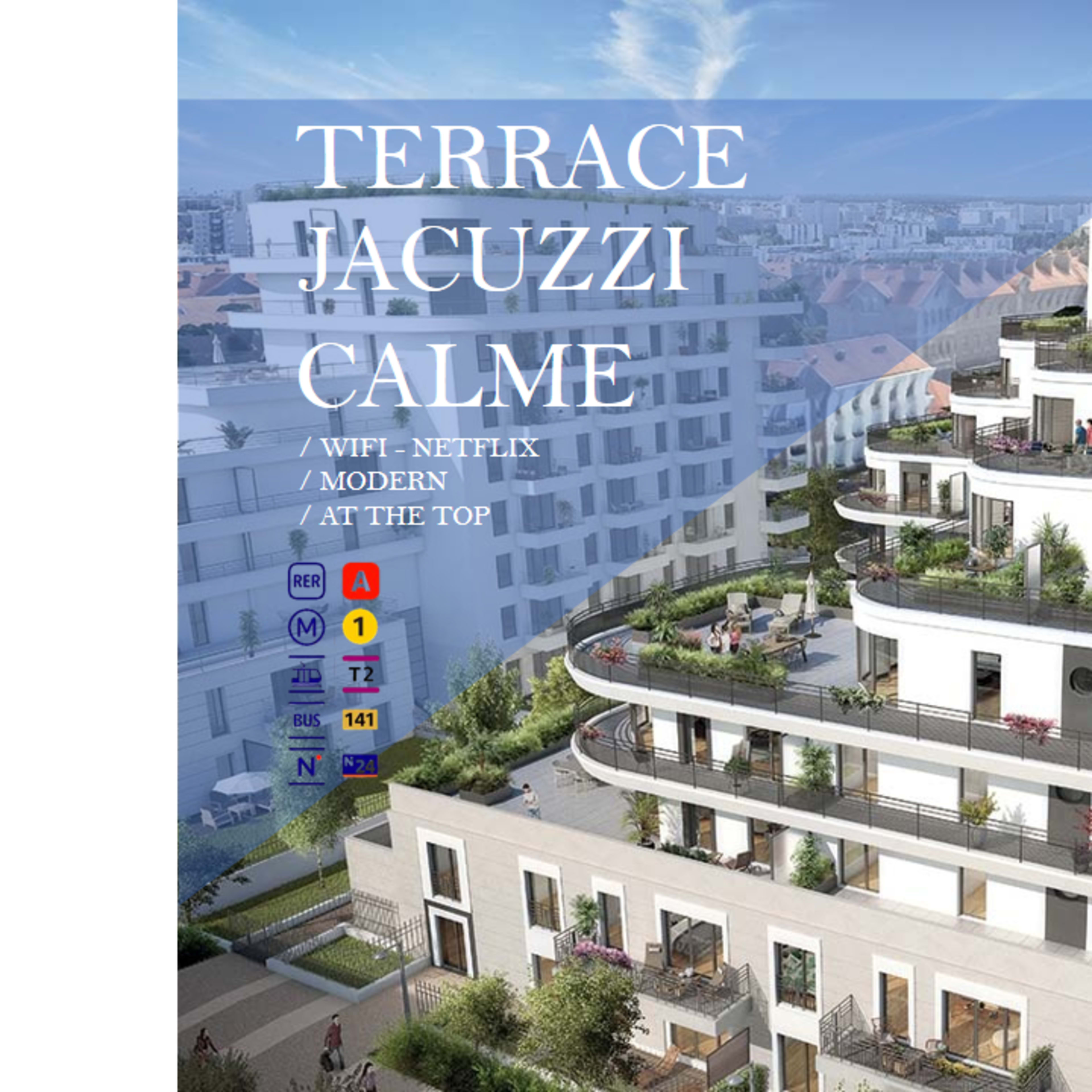 A modern multi-story building featuring terraces and a rooftop jacuzzi, with information about amenities such as Wi-Fi and Netflix prominently displayed.