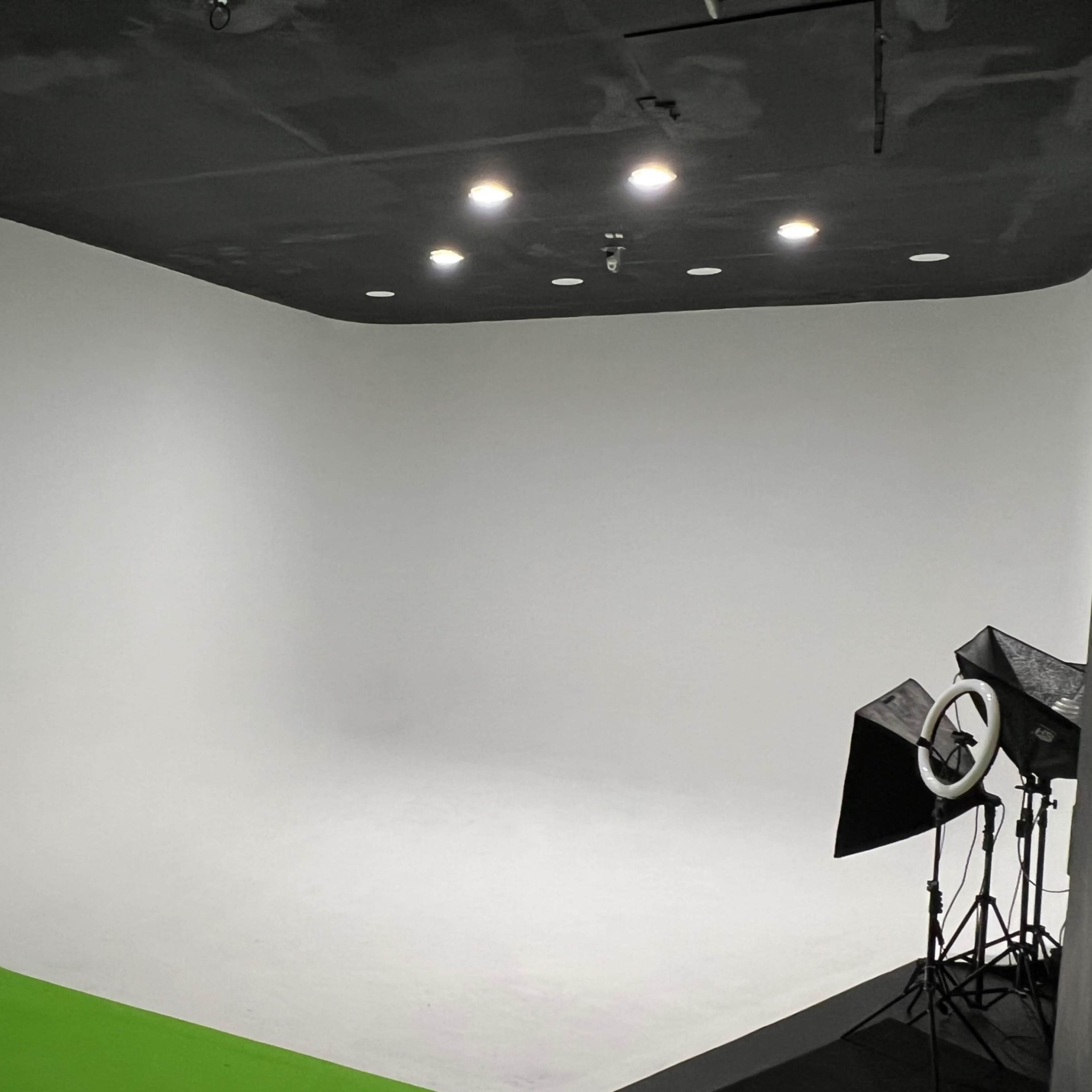 A photography studio with a white curved backdrop, green wall, and two light sources positioned on the side.
