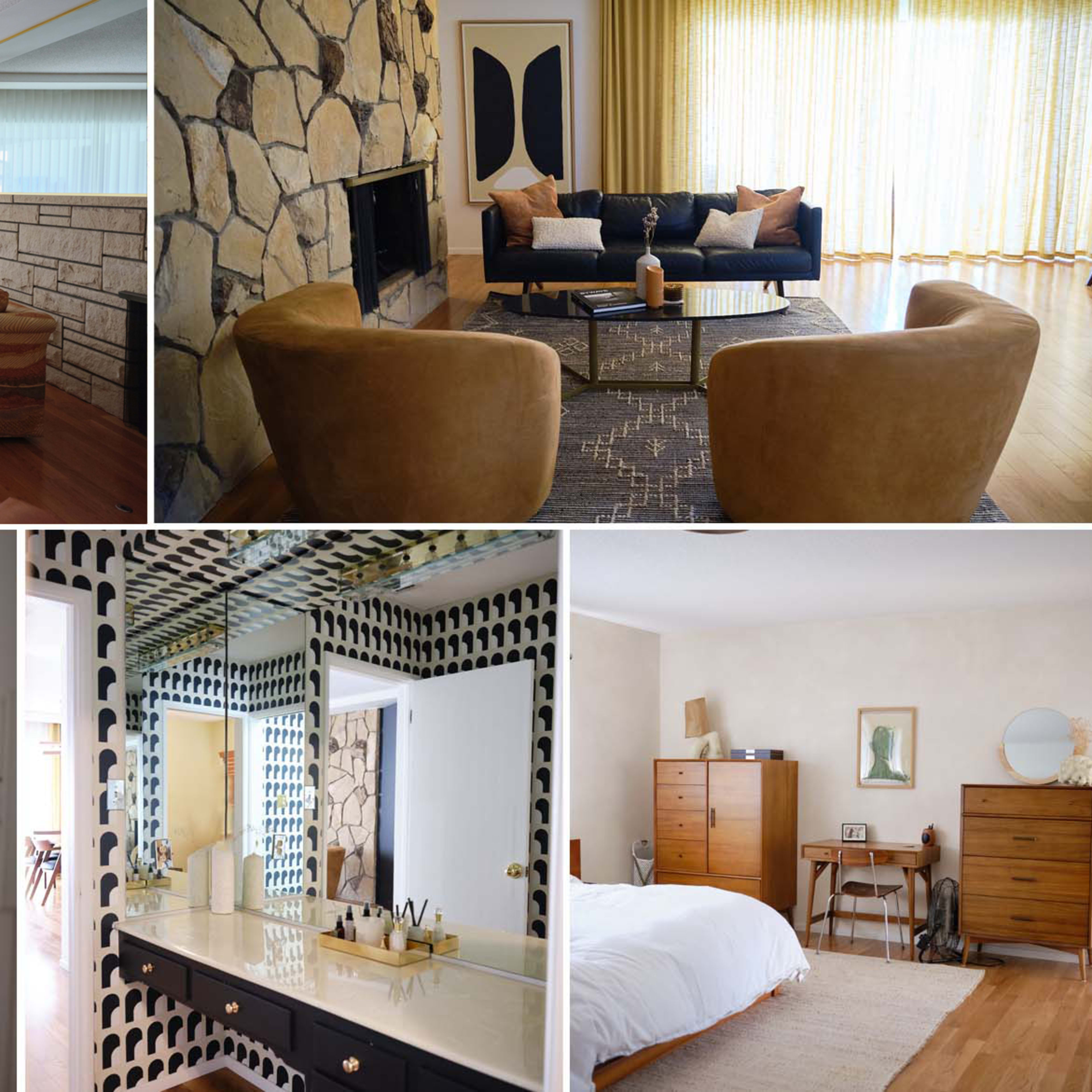 Four distinct rooms featuring various furniture arrangements and decor styles in a modern home interior.