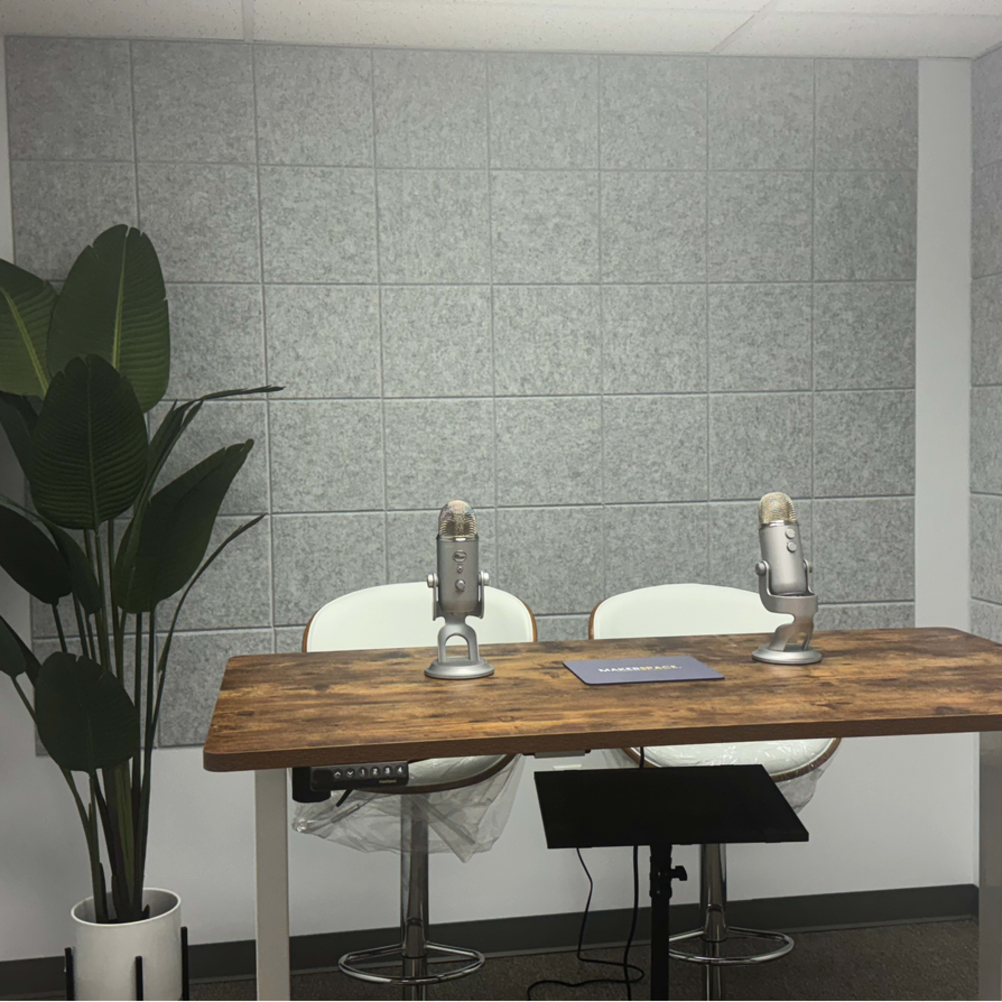 A small recording studio features a wooden table with two microphones positioned on it, accompanied by two white chairs and a potted plant in the corner.