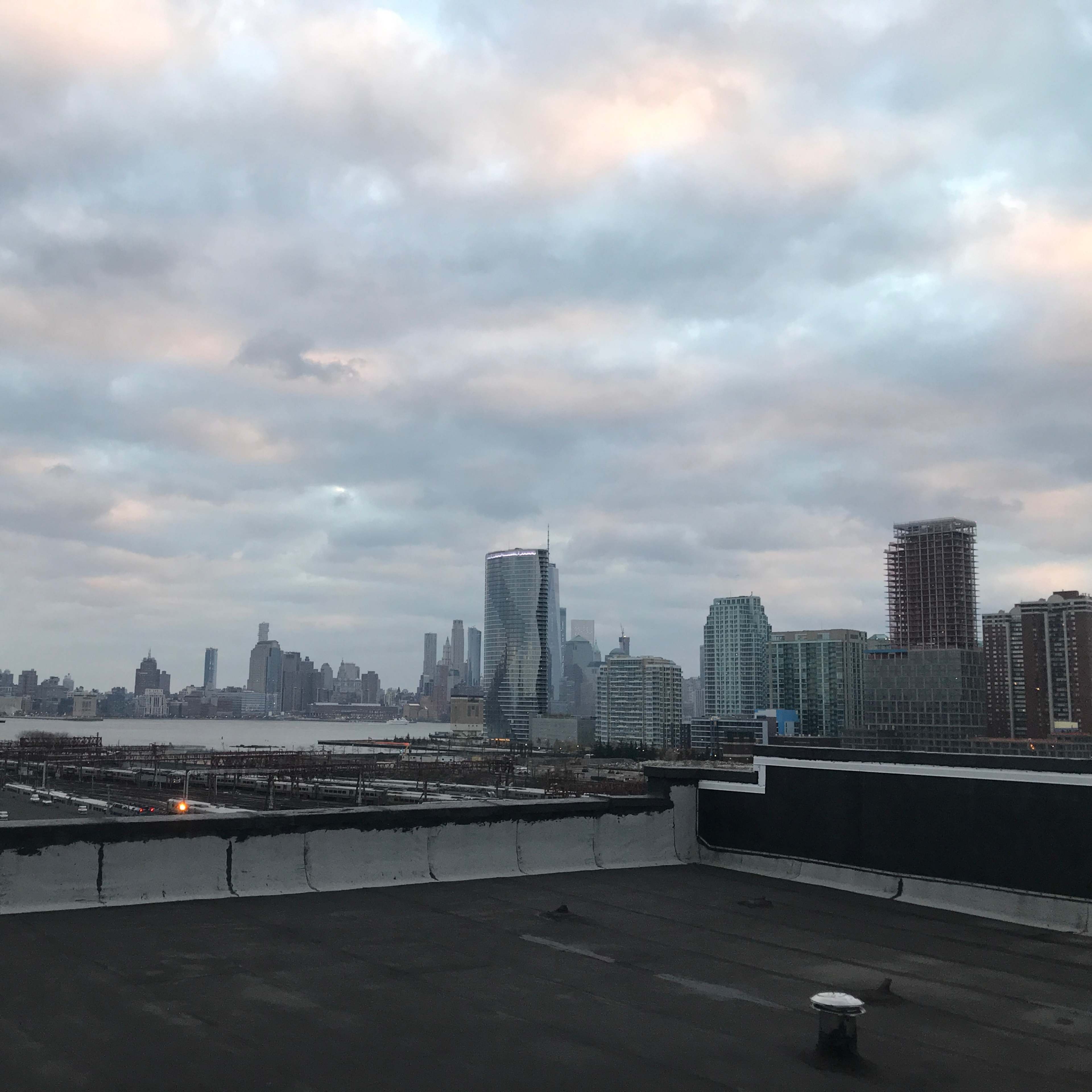 A view of a city skyline with tall buildings and a body of water under a cloudy sky, seen from a rooftop.