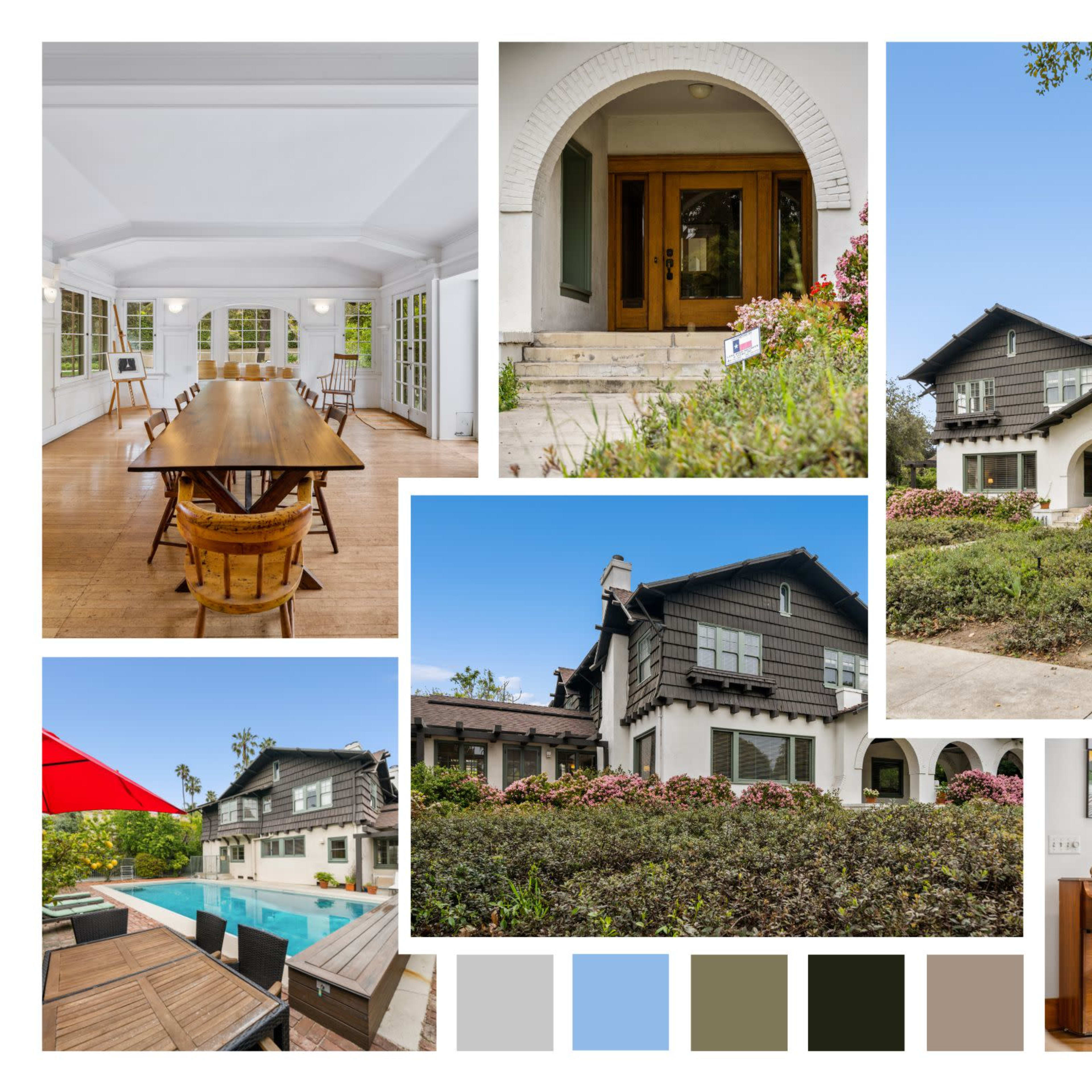 Features a classic-style home with a large dining room, an inviting entrance, a swimming pool, and landscaped gardens.