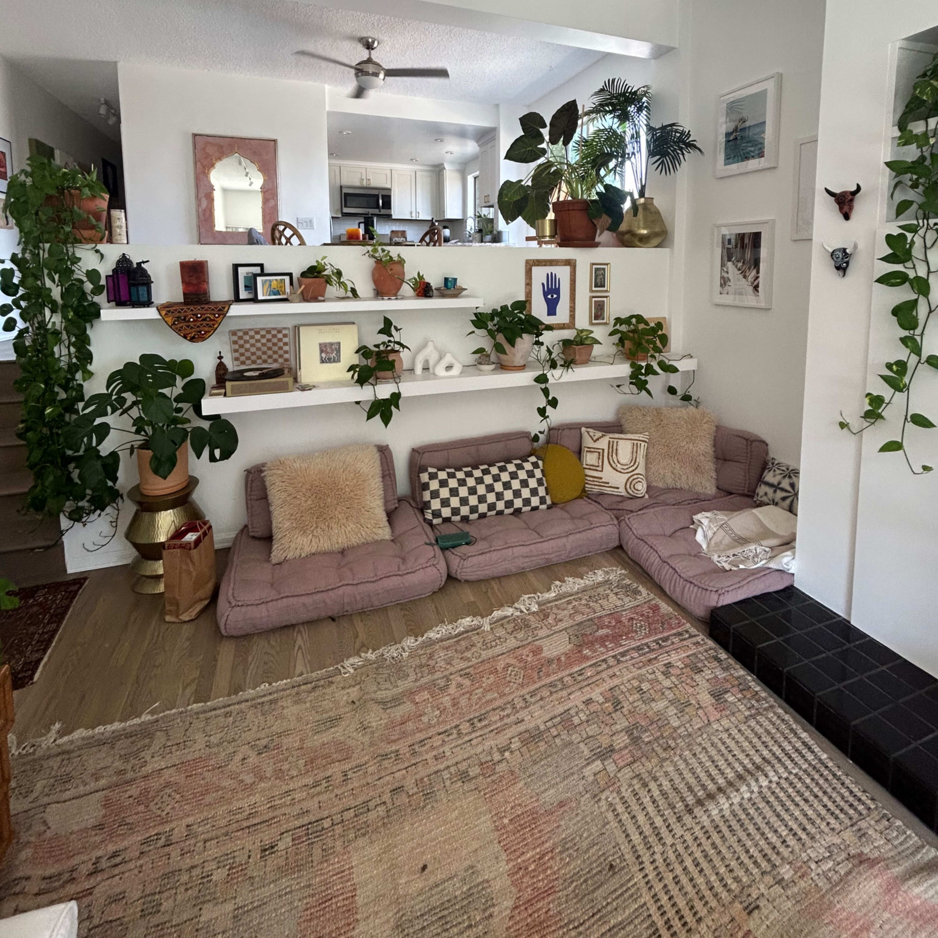 A cozy living room with low seating, decorative plants on shelves, and a patterned rug covering the wooden floor.