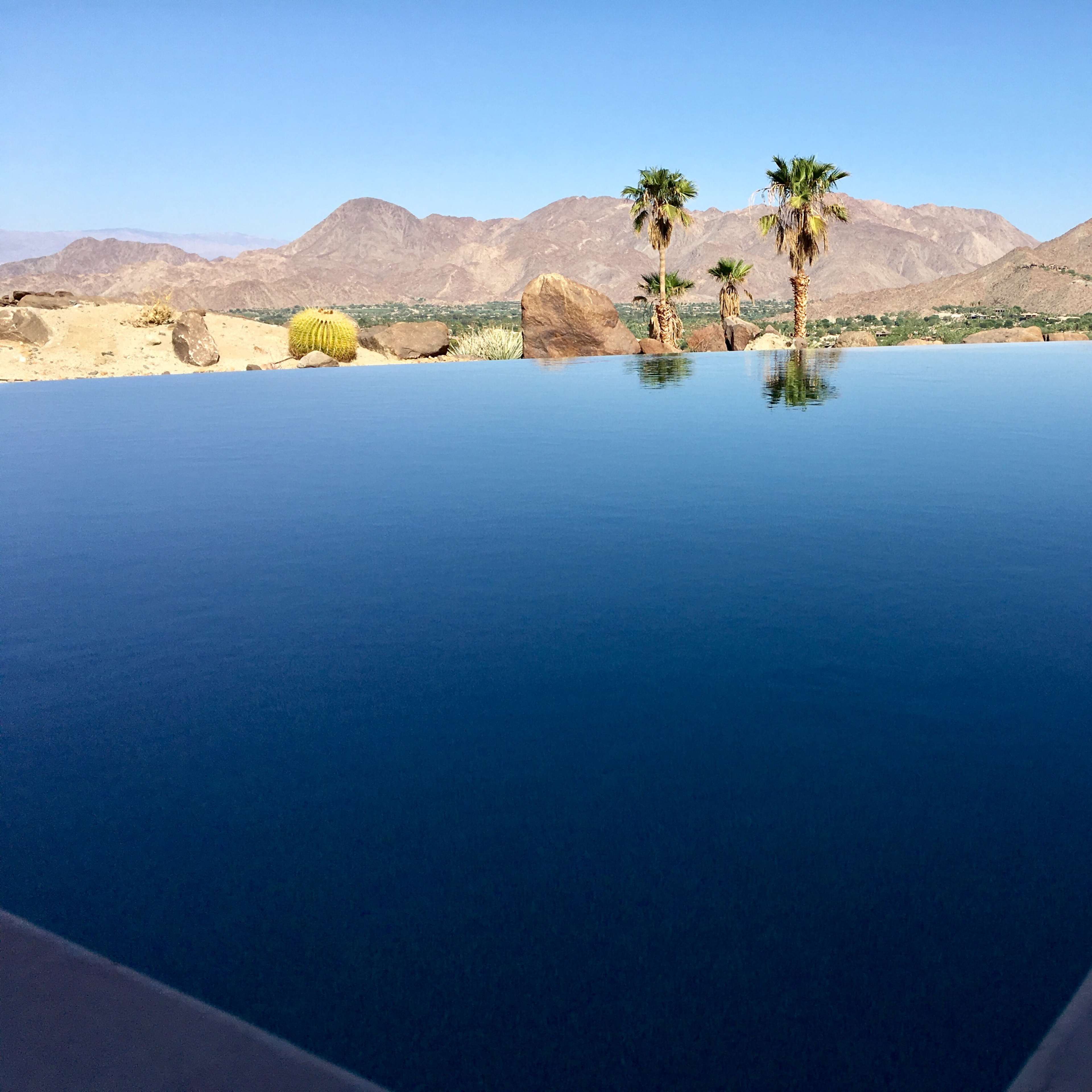 An infinity pool reflecting the mountains and palm trees under a clear blue sky.