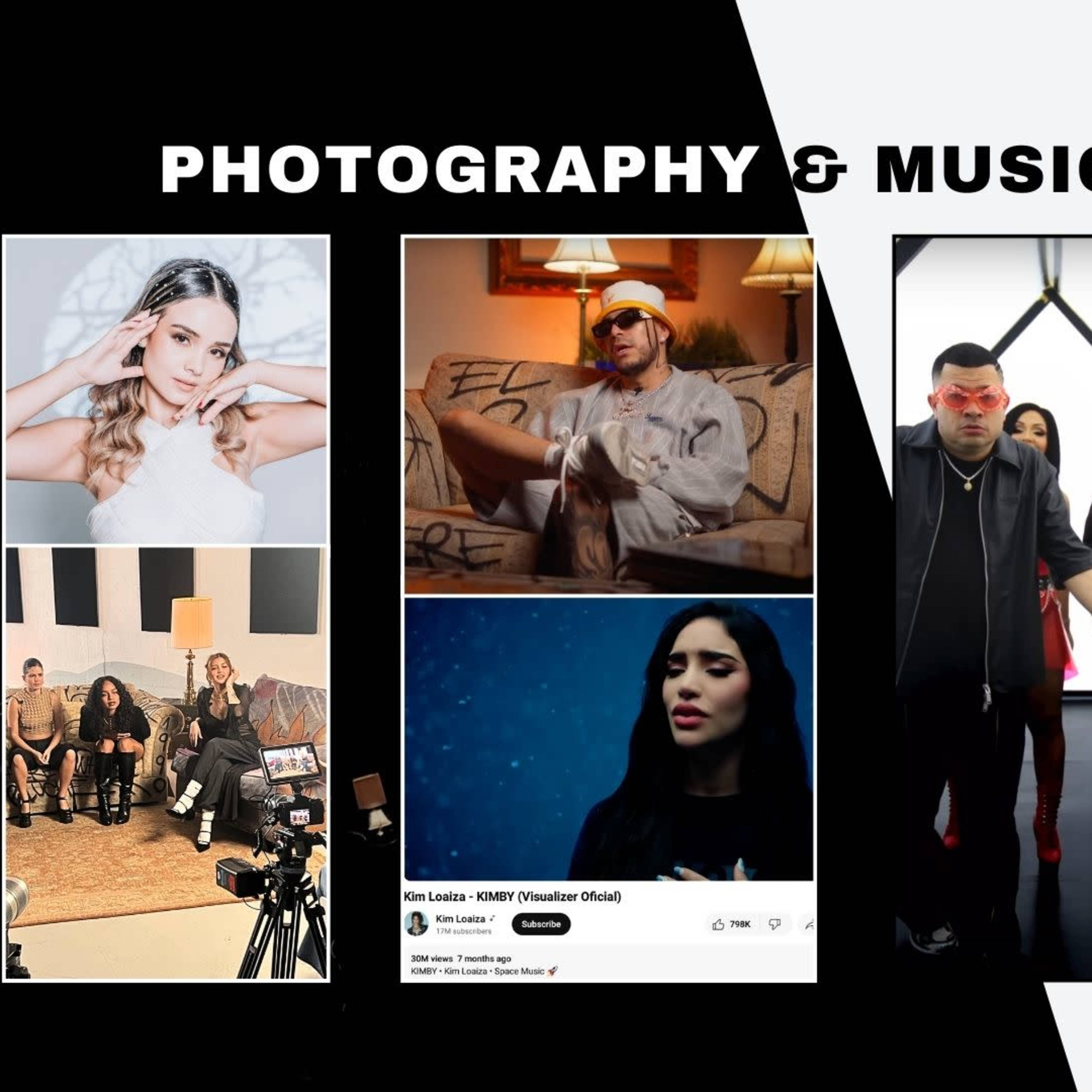 A collage of scenes featuring music videos and photography, with various artists and production elements.