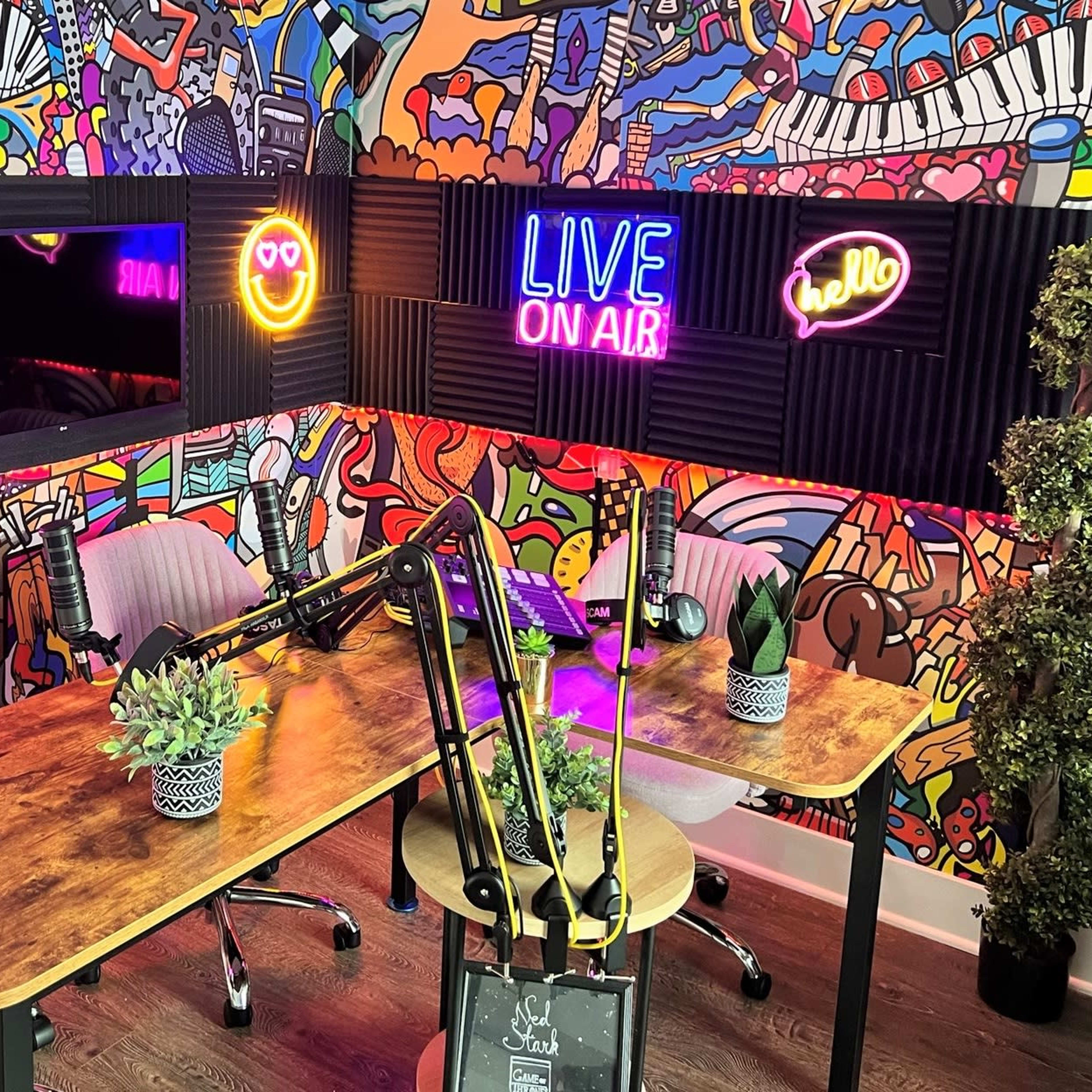 A modern podcast studio with a colorful mural, a wooden table, microphones, and decorative plants.