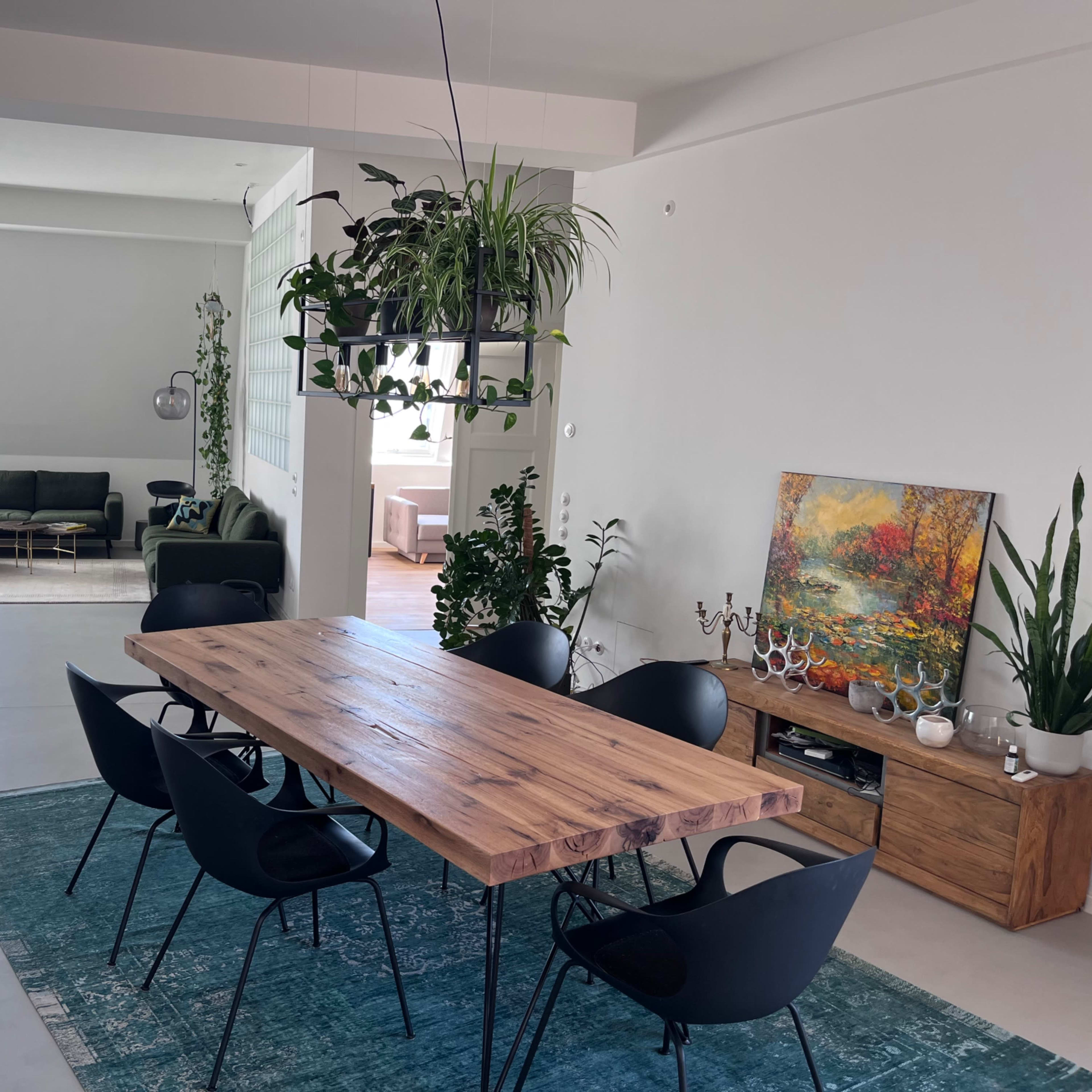 A modern, open-concept living space featuring a dining area with a large wooden table and black chairs, surrounded by plants and a colorful artwork on the wall.