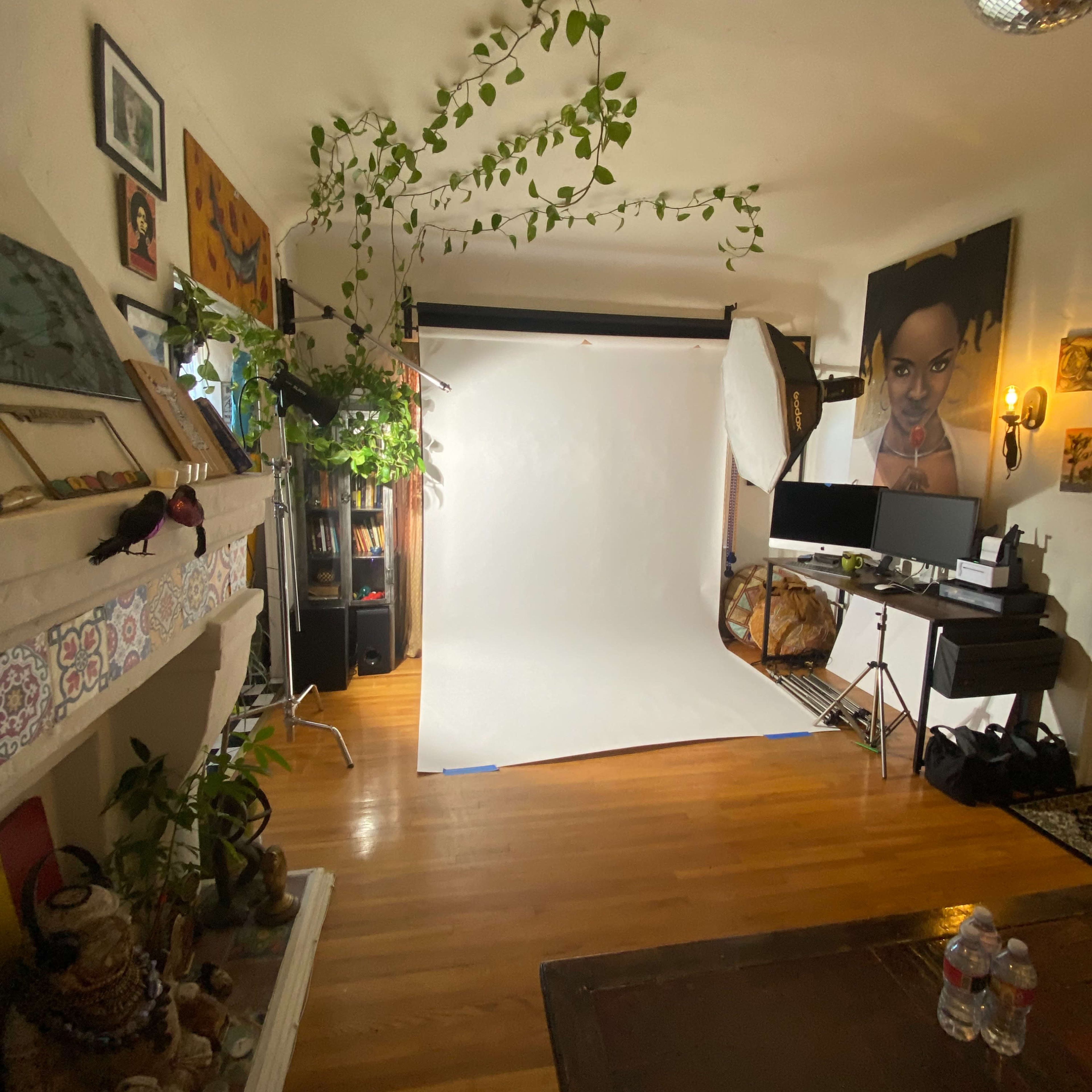 The room features a photography backdrop with studio lighting set up, surrounded by plants and artwork.