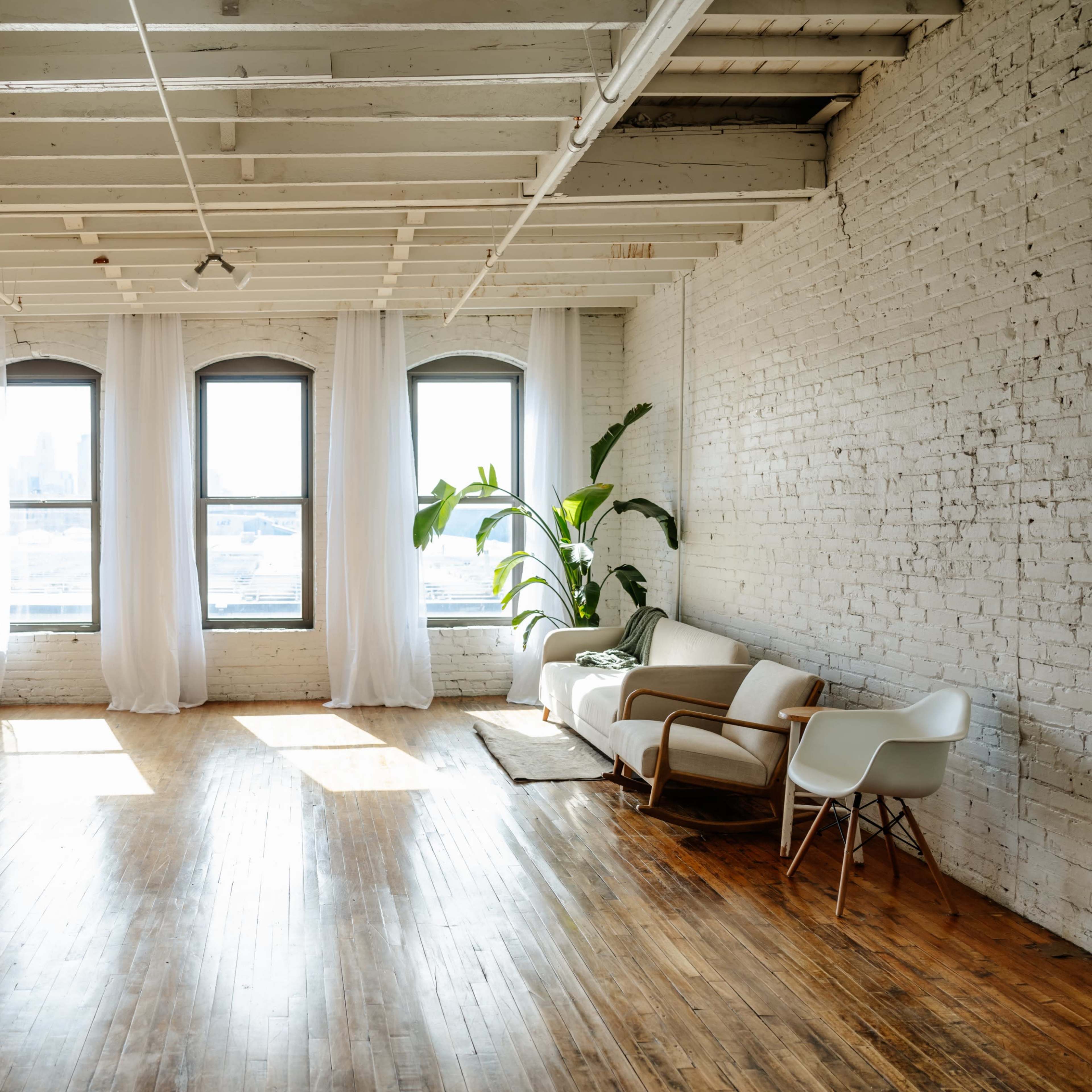 A spacious room with large windows, wooden flooring, white brick walls, and minimal furniture including a sofa and a chair.