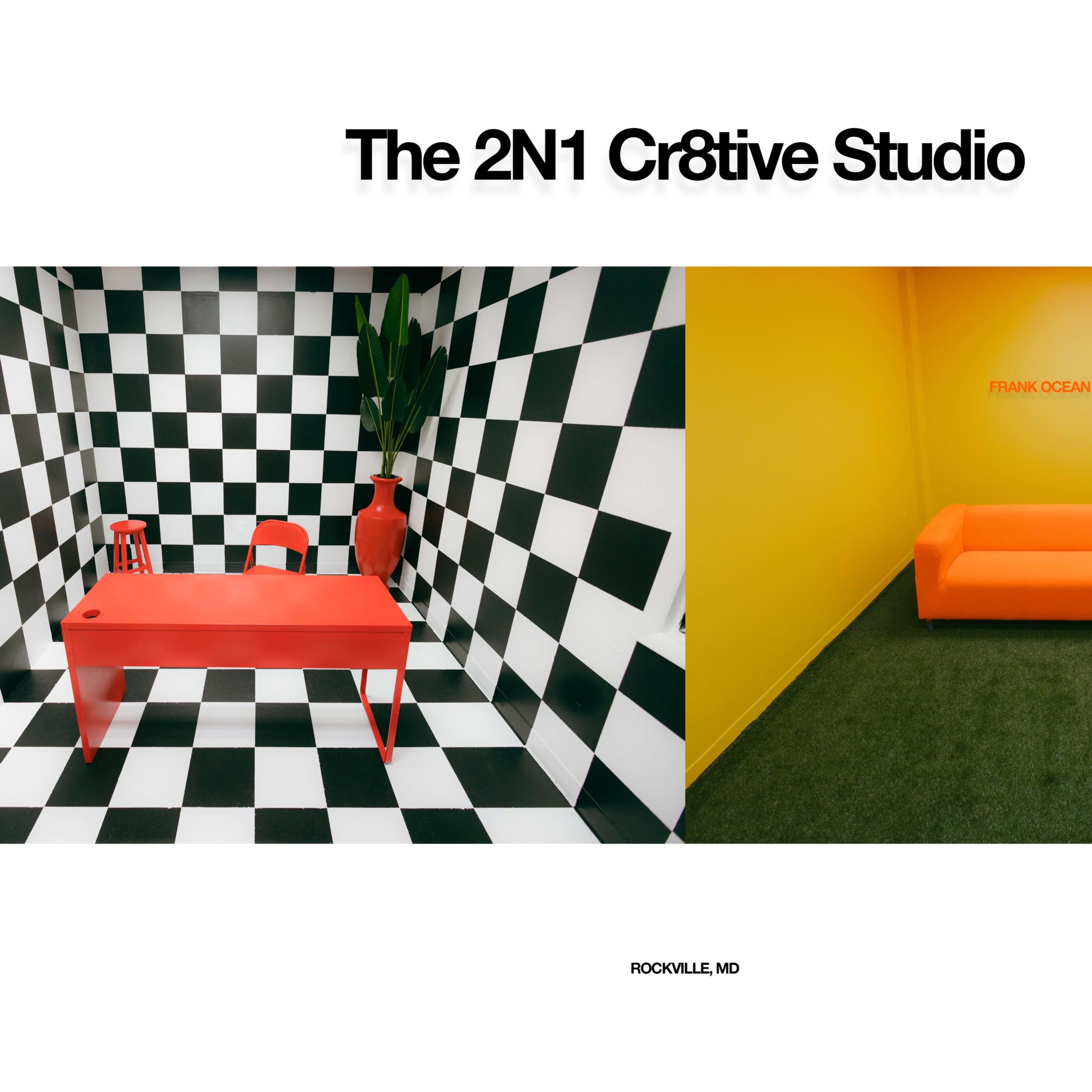 Two contrasting rooms: one with a black-and-white checkered pattern and a red desk and chair, and the other in a solid yellow with an orange couch, labeled "FRANK OCEAN ROOM."