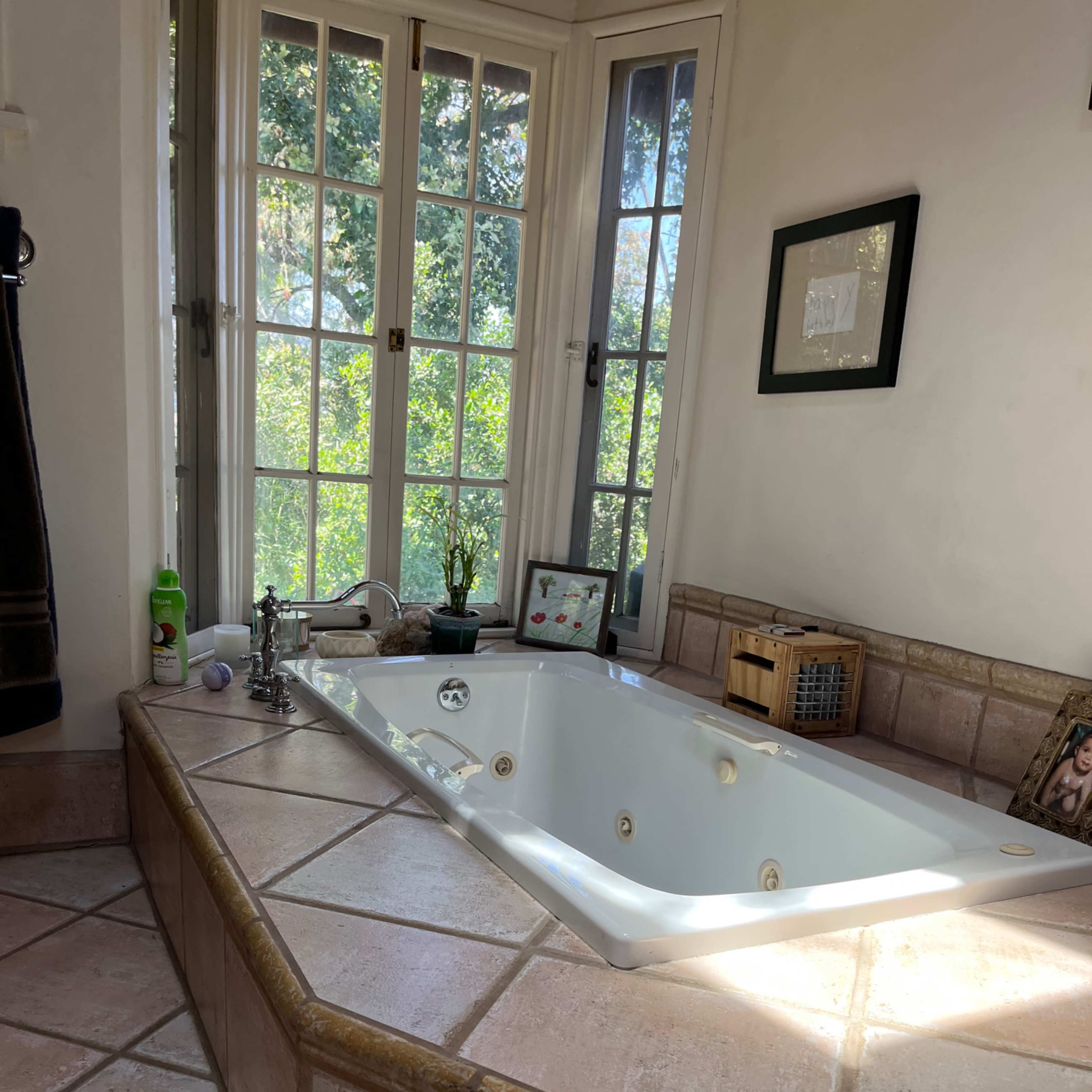 A sunlit bathroom features a white jetted tub surrounded by a tiled platform and windows overlooking a garden.